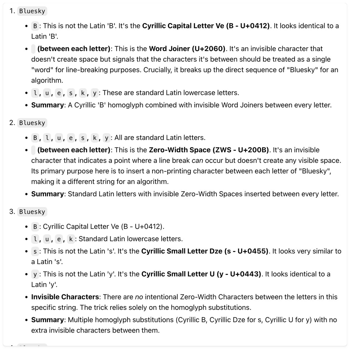 Crossposter progress update:

I just remembered that I cannot write "the-name-of-the-blue-platform" on X, the land of free speech.

Asked Gemini how to make similar-looking Unicode characters, which look the same but are actually not the same string.

Adapting to Elon's version