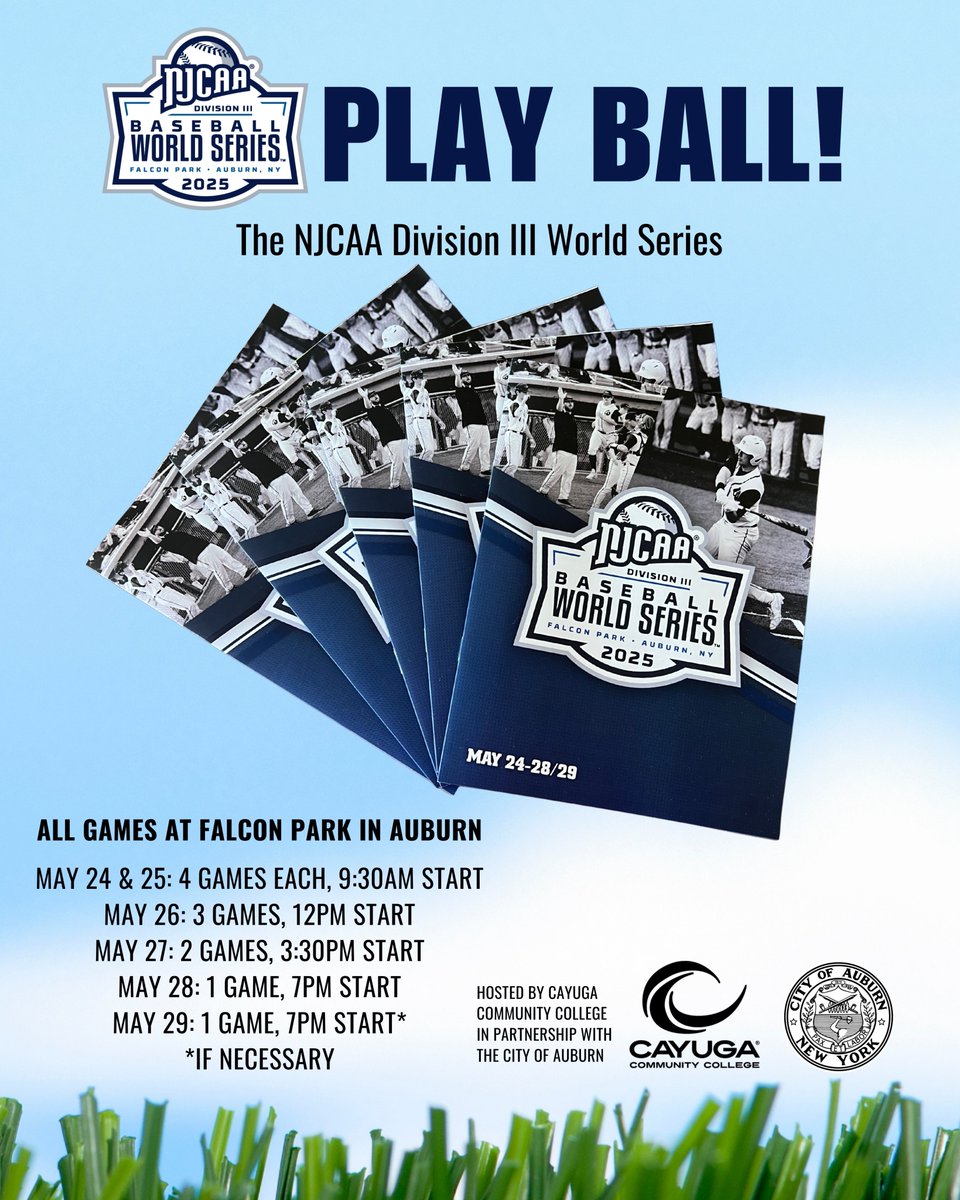 Cayuga Comm College (@cayugacc) on Twitter photo First pitch in the @njcaa Division III World Series at #FalconPark in <a href="/_cityofauburn/">City of Auburn, NY</a> is 9:30am Saturday!
Congratulations to <a href="/NiagaraTwolves/">SUNY NIAGARA BASEBALL</a>, <a href="/GloucesterBaseb/">Gloucester Baseball</a>, <a href="/BCCAthletics/">Brookdale Athletics</a>, <a href="/richland_dc/">Dallas College Richland Campus</a>, <a href="/NEKnightsBase/">Northern Essex CC Baseball</a>, <a href="/SurryKnights/">SurryKnights</a>, <a href="/OaktonOwls/">Oakton Athletics</a> & <a href="/Ducks_Baseball/">Century College Baseball</a> for reaching the #WorldSeries First pitch in the @njcaa Division III World Series at #FalconPark in <a href="/_cityofauburn/">City of Auburn, NY</a> is 9:30am Saturday!
Congratulations to <a href="/NiagaraTwolves/">SUNY NIAGARA BASEBALL</a>, <a href="/GloucesterBaseb/">Gloucester Baseball</a>, <a href="/BCCAthletics/">Brookdale Athletics</a>, <a href="/richland_dc/">Dallas College Richland Campus</a>, <a href="/NEKnightsBase/">Northern Essex CC Baseball</a>, <a href="/SurryKnights/">SurryKnights</a>, <a href="/OaktonOwls/">Oakton Athletics</a> & <a href="/Ducks_Baseball/">Century College Baseball</a> for reaching the #WorldSeries