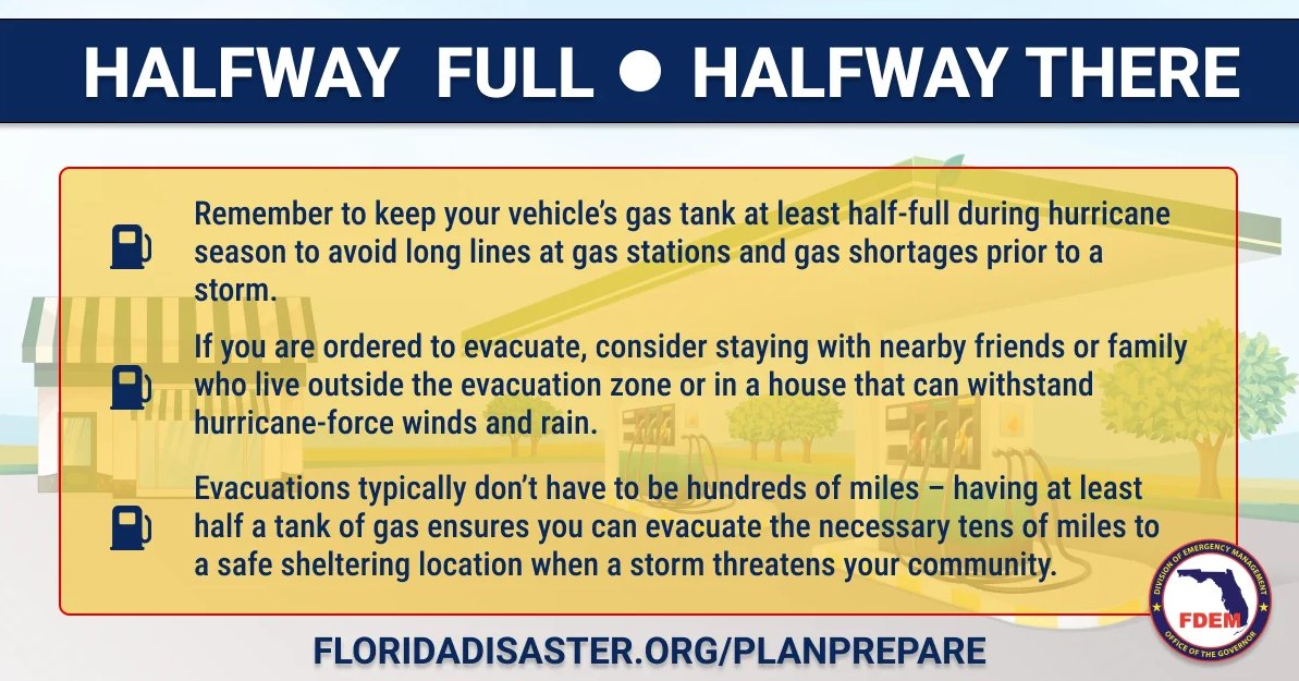 City of Tampa (@cityoftampa) on Twitter photo Hurricane season is fast approaching, starting again on June 1!☹️
Pro-Tip: <a href="/FLSERT/">FL Division of Emergency Management</a> recommends keeping your gas tank at least half full throughout hurricane season to have enough fuel to evacuate ASAP without worrying about long lines at gas stations& to avoid possible shortages. Hurricane season is fast approaching, starting again on June 1!☹️
Pro-Tip: <a href="/FLSERT/">FL Division of Emergency Management</a> recommends keeping your gas tank at least half full throughout hurricane season to have enough fuel to evacuate ASAP without worrying about long lines at gas stations& to avoid possible shortages.
