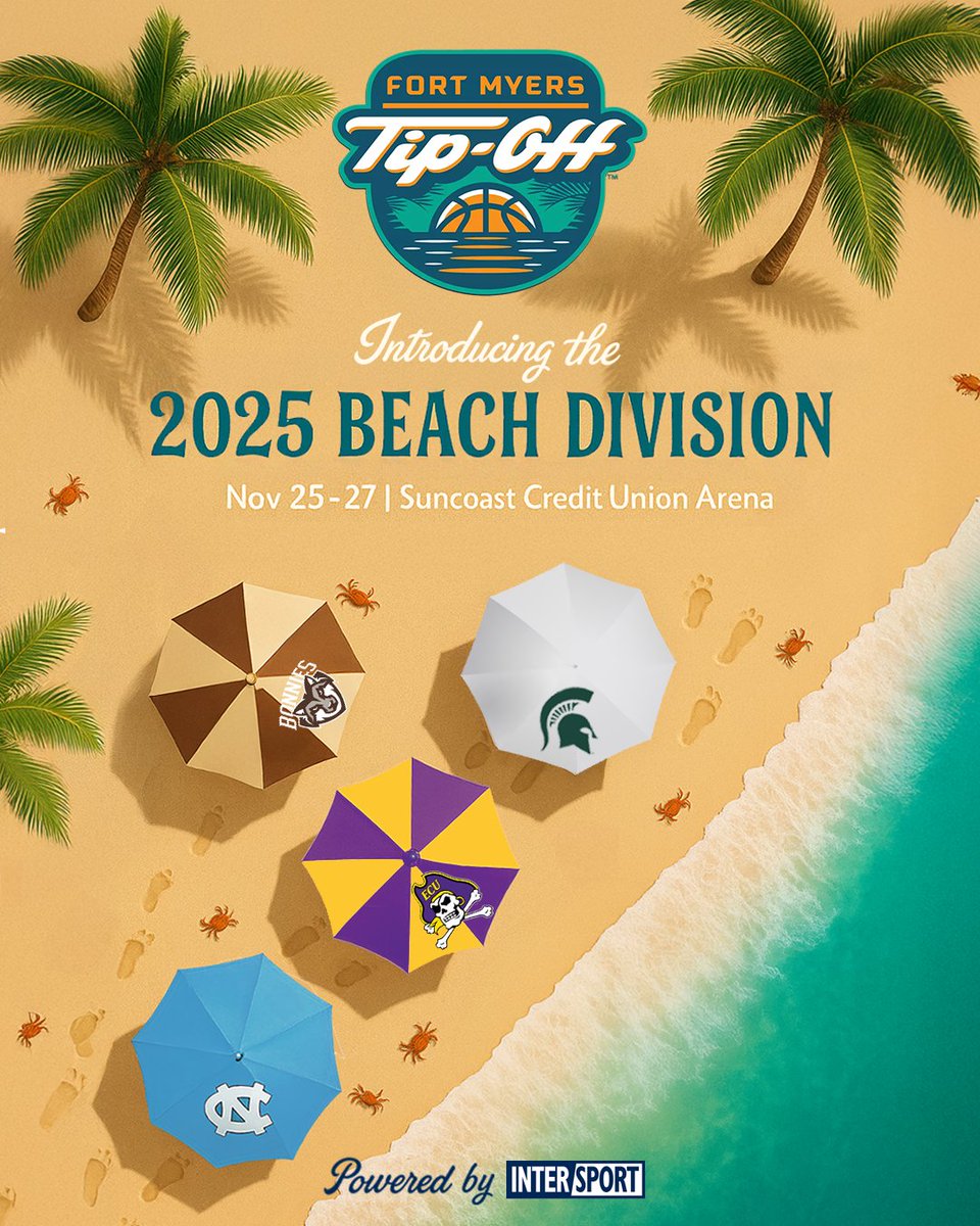 IntersportBuzz's tweet image. The matchups are set. The sun is waiting. ☀️🏀
The 2025 Fort Myers Tip-Off Beach Division schedule is here!
📍 Fort Myers, FL
📅 Nov. 25 & 27
🎟️ Travel packages drop June 12 → fortmyerstipoff.com/travel
MSU, UNC, ECU, St. Bonaventure.
Two days. Four games. No bracket—just ball.