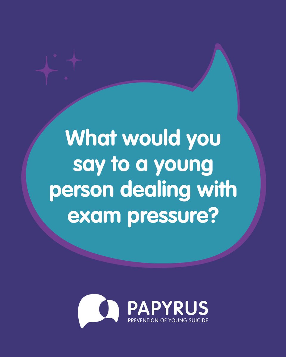 PAPYRUS (@papyrus_charity) on Twitter photo Right now, many young people across the UK will be going through exam season and dealing with the pressure that exams bring.
Together, let's provide young people with strength and hope. What would you say to a young person dealing with exam pressure? 💜 Right now, many young people across the UK will be going through exam season and dealing with the pressure that exams bring.
Together, let's provide young people with strength and hope. What would you say to a young person dealing with exam pressure? 💜