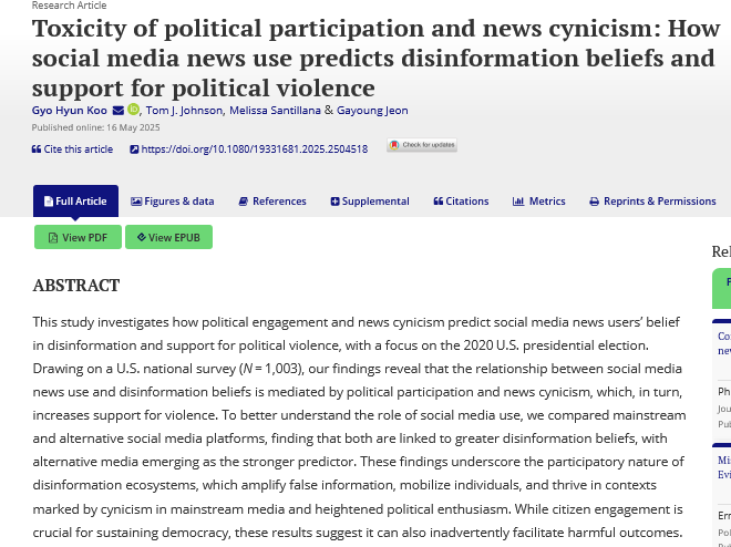Journal of Information Technology & Politics (@jitp_apsa) on Twitter photo 🆕This study explores how people who use #socialmedia to consume news📰 believe #disinformation & endorse political violence in the 2020 U.S. presidential election🗳️ context.
➡️<a href="/UTAustin/">UT Austin</a> <a href="/TexasTech/">Texas Tech University</a> <a href="/AnnenbergPenn/">Annenberg School</a> <a href="/gjeon_0/">Gayoung Jeon</a>
📒tandfonline.com/doi/full/10.10…
<a href="/apsa_itp/">APSA ITP</a> 🆕This study explores how people who use #socialmedia to consume news📰 believe #disinformation & endorse political violence in the 2020 U.S. presidential election🗳️ context.
➡️<a href="/UTAustin/">UT Austin</a> <a href="/TexasTech/">Texas Tech University</a> <a href="/AnnenbergPenn/">Annenberg School</a> <a href="/gjeon_0/">Gayoung Jeon</a>
📒tandfonline.com/doi/full/10.10…
<a href="/apsa_itp/">APSA ITP</a>