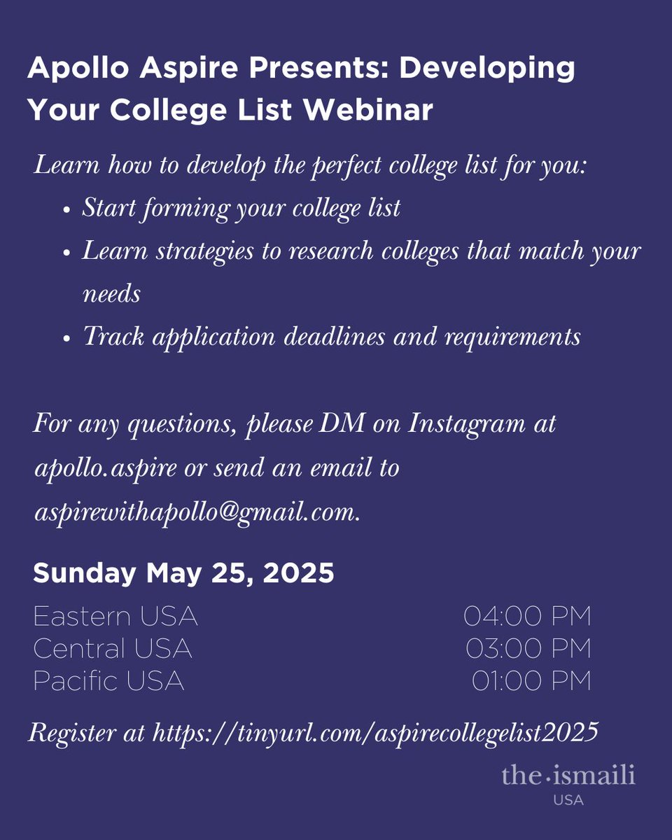 Planning for college? Learn how to build a smart college list at the Apollo Aspire webinar on May 25 at 3pm CT.

tinyurl.com/aspirecollegel…

#TheIsmaili #OneJamat #OneHumanity