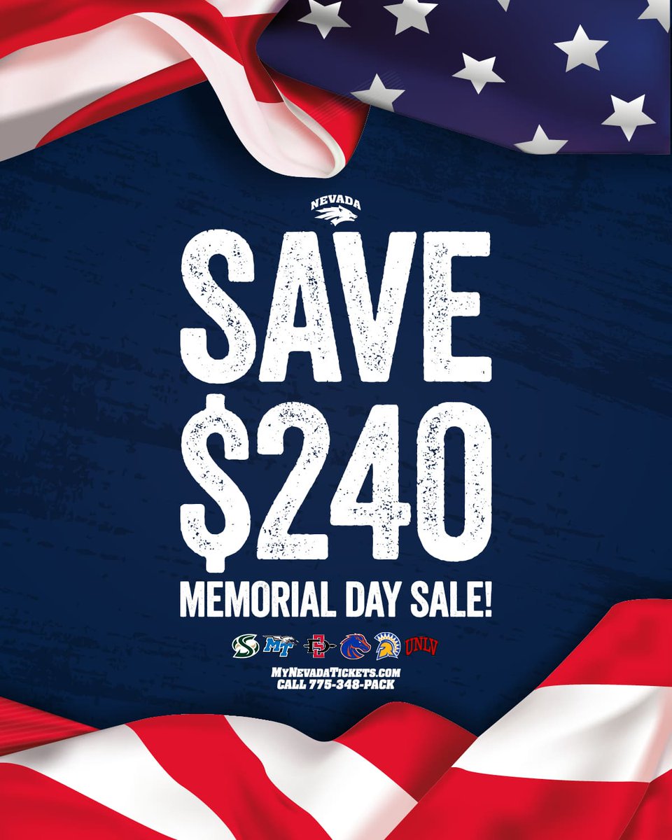 Celebrate Memorial Day Weekend with Nevada Football🐺

Get 4 GA Season Tickets + 1 Season Parking Pass for only $400 👀 

Enjoy all 6 home games, including marquee matchups vs. UNLV, Boise State, and more!

🔗 bit.ly/3Fk5weB

#BattleBorn