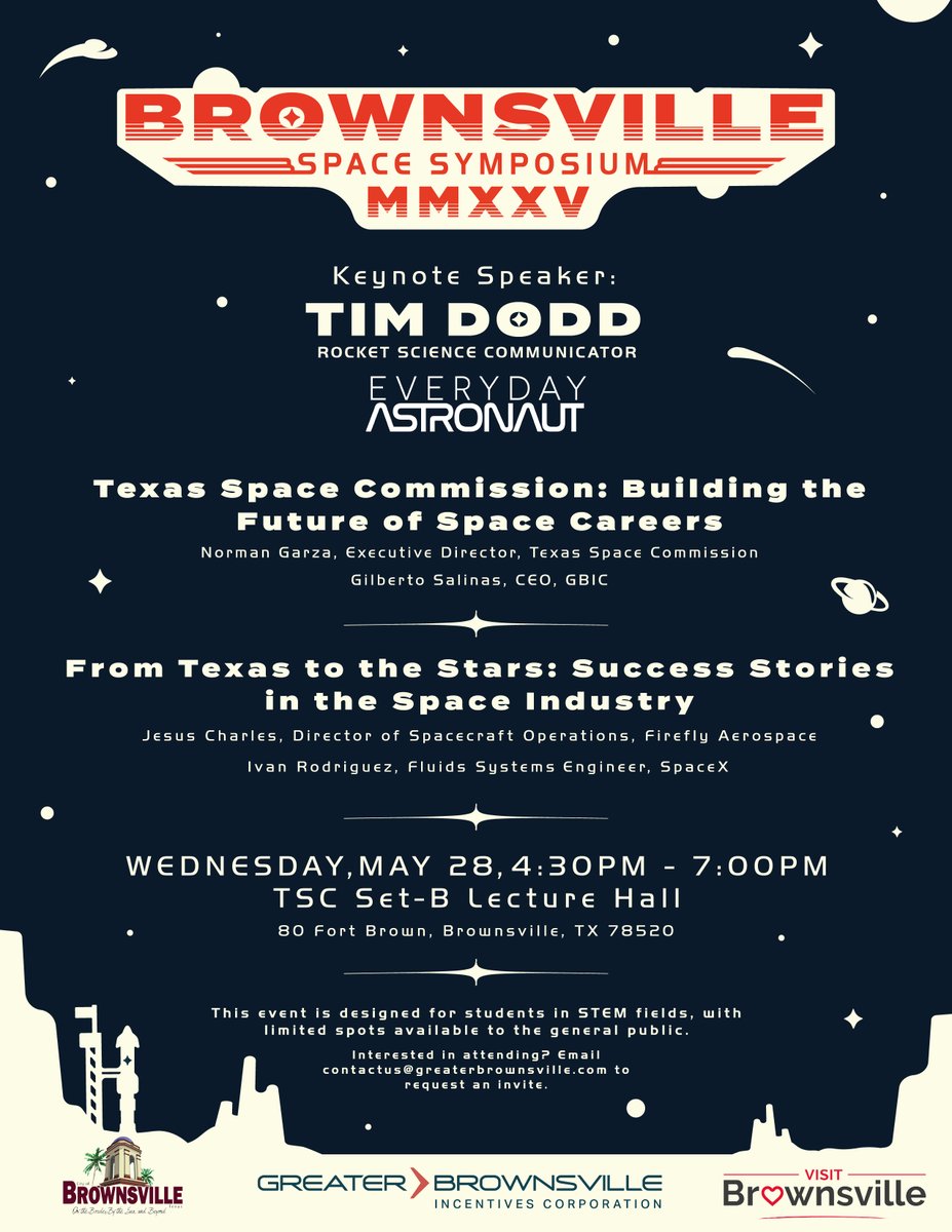 #MemberMessage GBIC, in collaboration with the City of Brownsville, and Visit Brownsville is proud to present the Brownsville Space Symposium 2025! Interested in attending? Request an invitation here: bit.ly/BrownsvilleSpa…