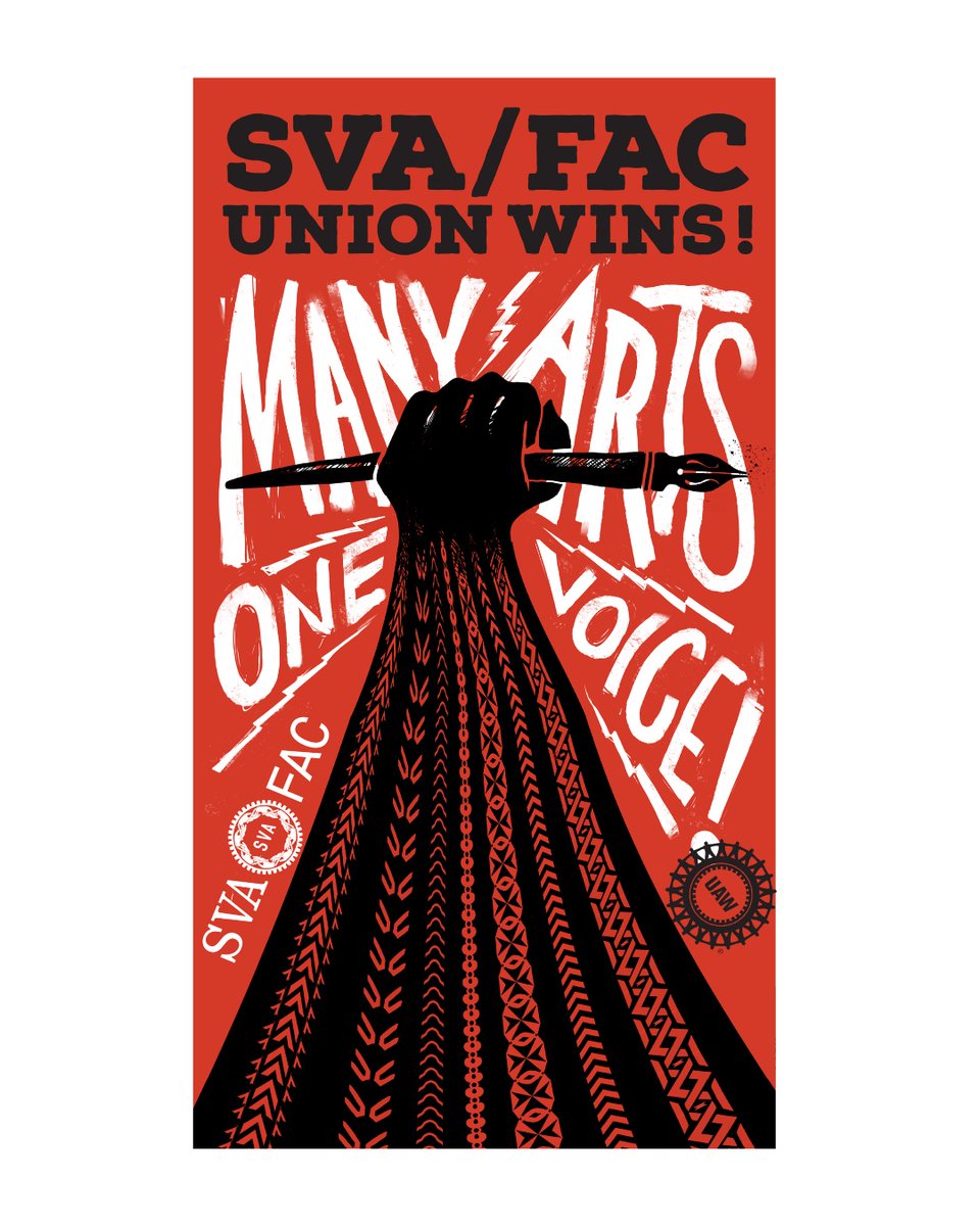 UAW's tweet image. Many arts, one voice! Welcome to our newest UAW members at the School of Visual Arts in NYC. Solidarity, tenacity, and creativity = a powerful win for academic workers! #UnionYes
Art by @DanFunderburgh | @UAWRegion9A