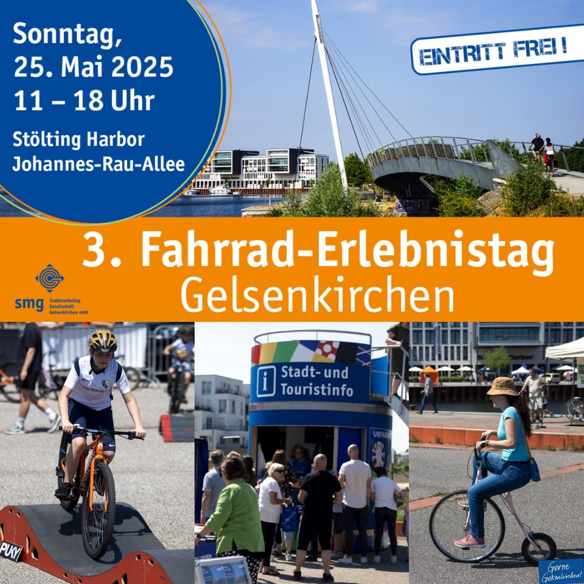 Gerne Gelsenkirchen (@ggelsenkirchen) on Twitter photo Hey, schnappt euch euer #Fahrrad am Sonntag (25. Mai) und besucht unseren 3. Fahrrad-Erlebnistag rund um Stölting Harbor. Bis 18 Uhr gibt es unter anderem Mitmach-Aktionen, Fahrten mit der Weißen Flotte und akrobatische Bike-Shows. 
Weitere Infos: facebook.com/share/15Qeu7KA… Hey, schnappt euch euer #Fahrrad am Sonntag (25. Mai) und besucht unseren 3. Fahrrad-Erlebnistag rund um Stölting Harbor. Bis 18 Uhr gibt es unter anderem Mitmach-Aktionen, Fahrten mit der Weißen Flotte und akrobatische Bike-Shows. 
Weitere Infos: facebook.com/share/15Qeu7KA…