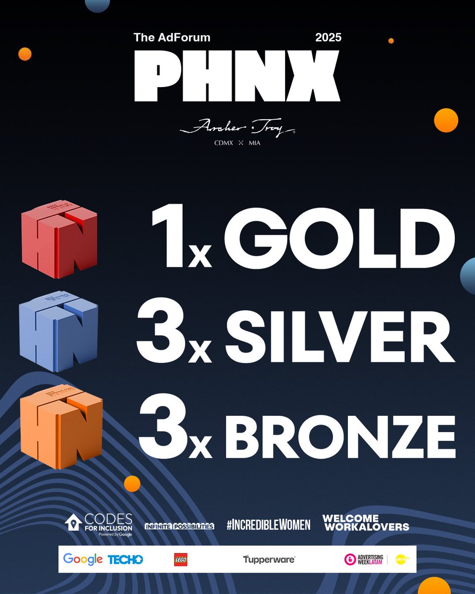 ¡Llevamos en alto el nombre de México alrededor del mundo! 🇲🇽

1 Oro 🥇
3 Platas 🥈🥈🥈
3 Bronces 🥉🥉🥉

Seguimos logrando conquistas con grandes ideas que han merecido el reconocimiento internacional, ahora en los PHNX Awards 2025, de AdForum. 
🇺🇸🇫🇷💥 🏹💥
#PHNX2025 #ArcherTroy