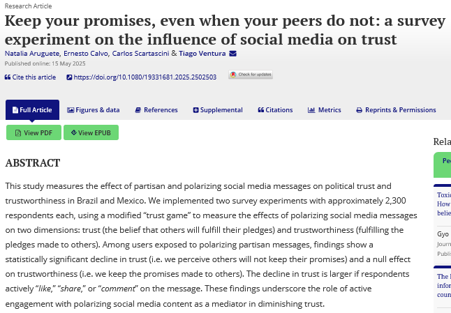 Journal of Information Technology & Politics (@jitp_apsa) on Twitter photo 🆕This study uses a trust game to examine the impact of polarizing social media messages on political #trust & trustworthiness in #Brazil & #Mexico. Results show declining trust & a null effect on trustworthiness.
✍️<a href="/natyaruguete/">Natalia Aruguete</a> <a href="/ecalvo68/">Ernesto Calvo 💚</a> <a href="/_Tiagoventura/">Tiago Ventura</a>
📚tandfonline.com/doi/full/10.10… 🆕This study uses a trust game to examine the impact of polarizing social media messages on political #trust & trustworthiness in #Brazil & #Mexico. Results show declining trust & a null effect on trustworthiness.
✍️<a href="/natyaruguete/">Natalia Aruguete</a> <a href="/ecalvo68/">Ernesto Calvo 💚</a> <a href="/_Tiagoventura/">Tiago Ventura</a>
📚tandfonline.com/doi/full/10.10…