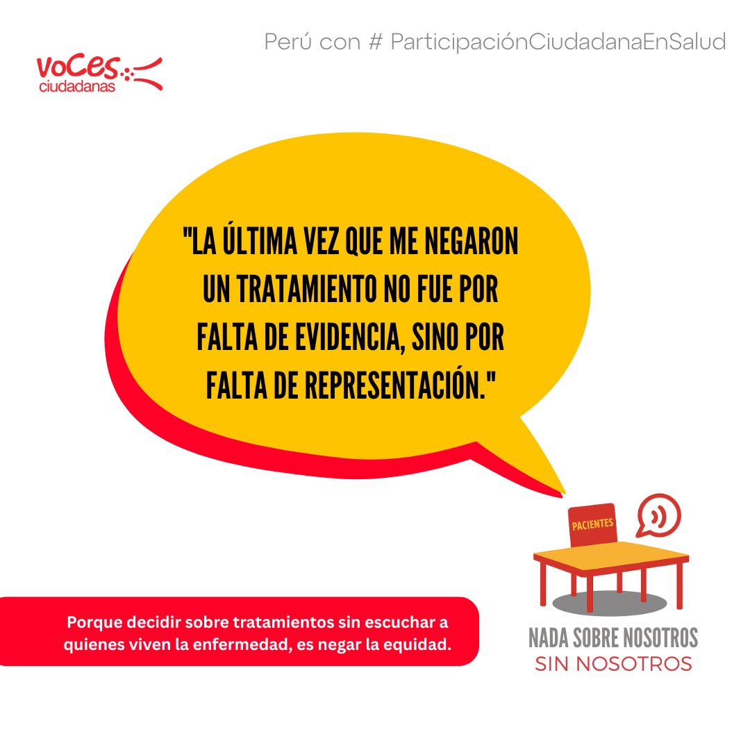 🪑 En cada decisión de salud pública, debería haber una silla reservada.
🧍‍♀️ Una silla para quienes viven la enfermedad.
🗣️ Una silla para la voz de la experiencia.
❤️ Una silla para los pacientes.

✅ Participar no es un lujo. Es un derecho. Organizaciones de pacientes y sociedad