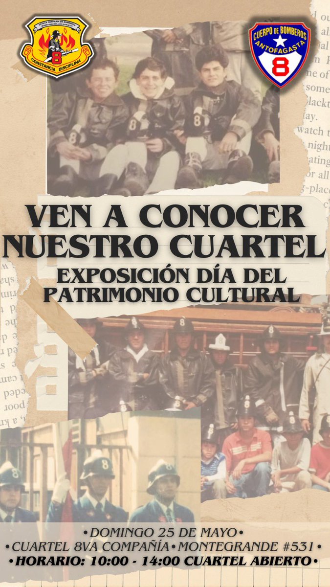 Invitamos a la comunidad de #Antofagasta a visitarnos en nuestro cuartel, ubicado en calle Montegrande 531 a un costado de la Segunda Comisaría, desde las 10:00 hasta las 14:00 horas, donde podrán conocer parte de nuestra historia y trabajo.
¡Los esperamos!

🎱