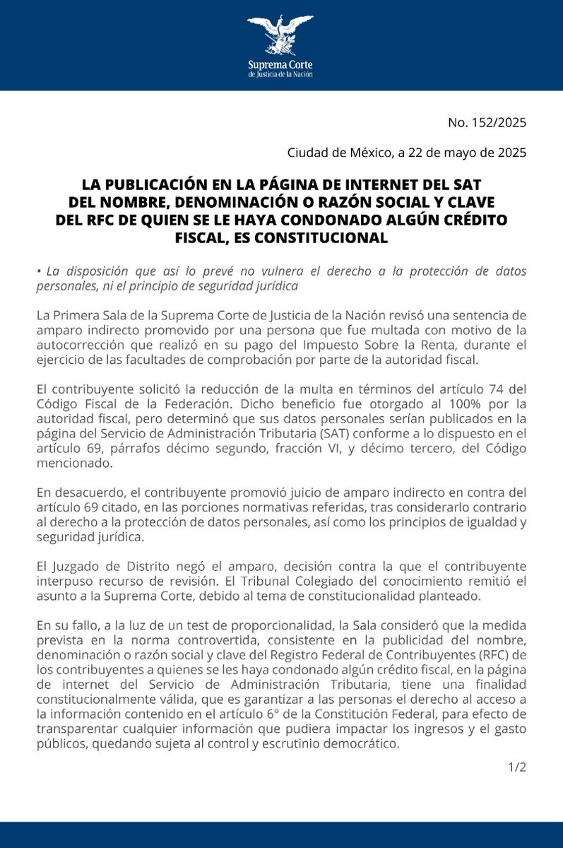 SCJN's tweet photo. La publicación en la página de internet del @SATMX del nombre, denominación o razón social y clave del RFC de quien se le haya condonado algún crédito fiscal, no vulnera el derecho a la protección de datos personales ni la seguridad jurídica: #PrimeraSalaSCJN 
https://t.co/akf82zqRBX