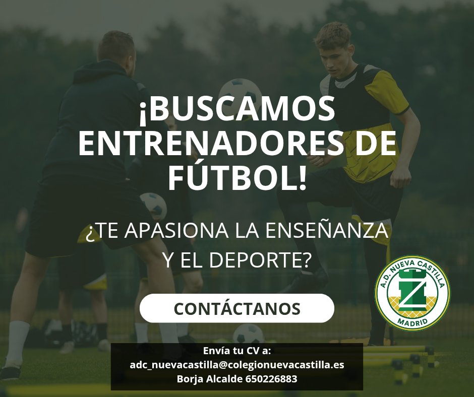 Buscamos entrenador@s !!!!!!

Si te apasiona este deporte como a nosotros ayúdanos a seguir creciendo 💪🏼⚽

#ADNuevaCastilla💛💚