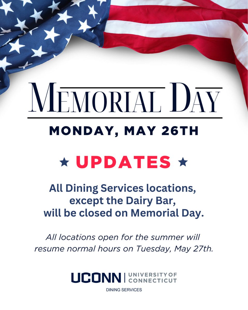 Reminder that summer dining will transition from Putnam to CT Hall on Sunday, May 25th. All of our locations, except for the Dairy Bar, will be closed this coming Monday for Memorial Day.