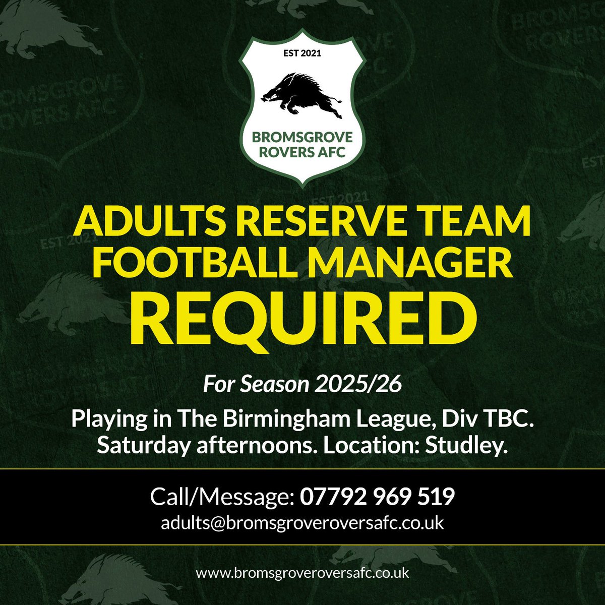 🚨  Adults Reserve Team Manager required for 25/26 Season 🚨

We are seeking a Manager and additional players for Our reserve team 

League: Birmingham AFA.

Saturday afternoons Location: Studley