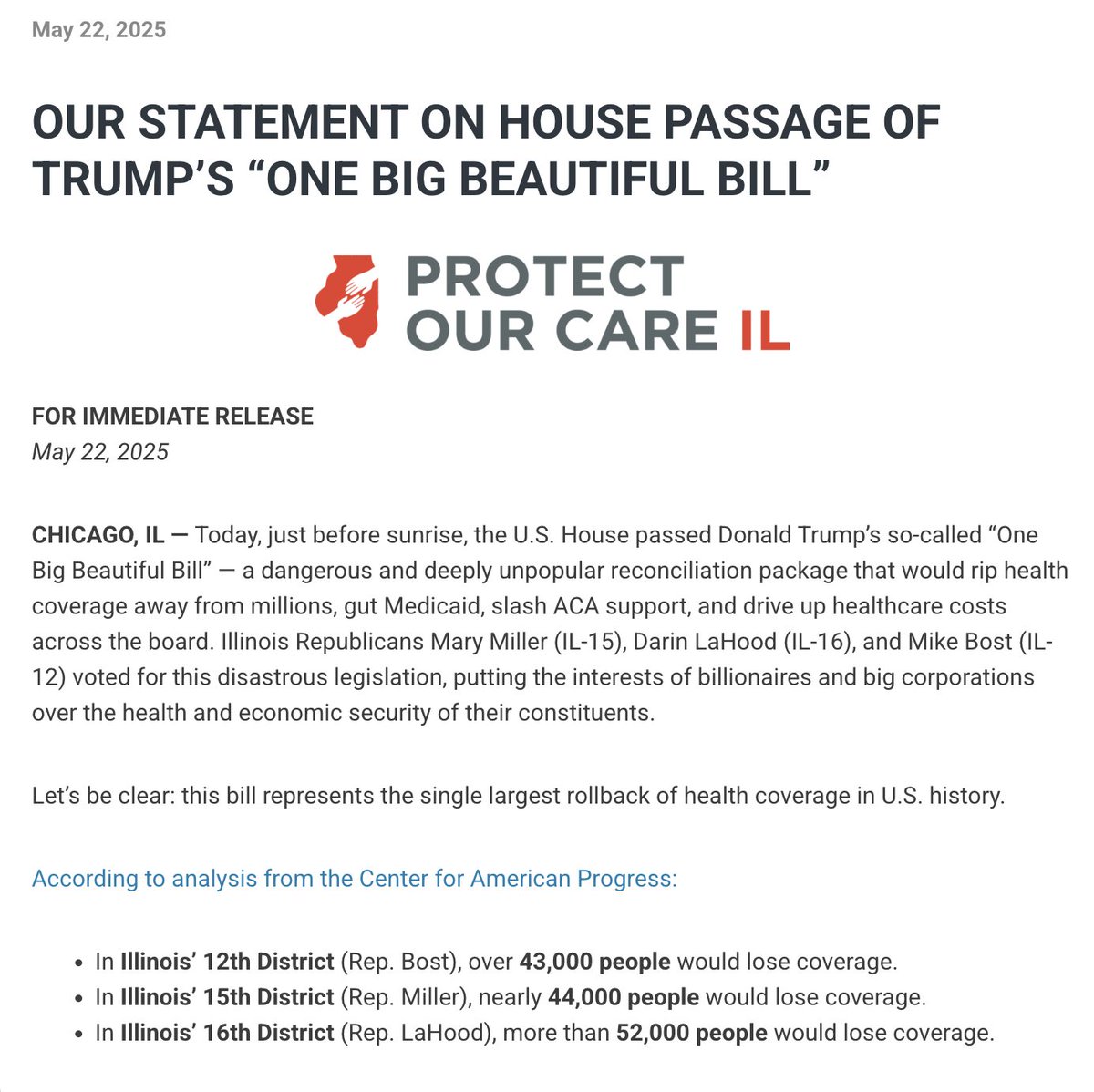 ProtectILCare's tweet image. The passage of the House budget bill represents the single largest rollback of health coverage in U.S. history. Read the full statement on our website: protectourcareil.org/index.php/2025…
#Medicaid #ProtectOurCareIL #HandsOffMedicaid