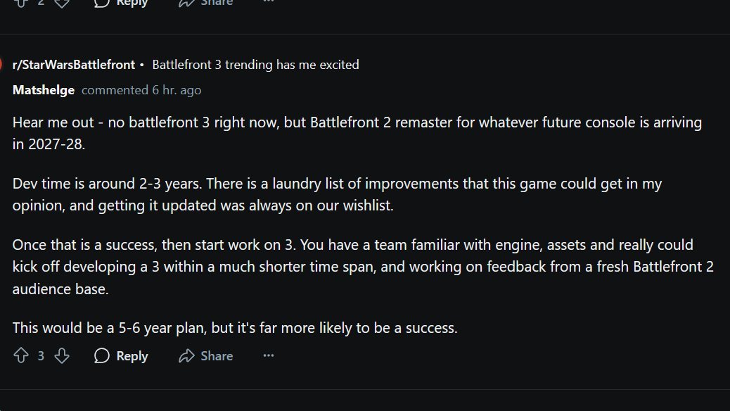 A7ZATRU's tweet photo. A former Star Wars Battlefront 2 developer has shared a plan for Battlefront 3 and success.

- Remaster BF2 with improvements for PS6/next Xbox in 2027/28,
- If it does well, make BF3 using knowledge from it.

Also, some of the devs WANT to come back! https://t.co/eULPe4F8Qy
