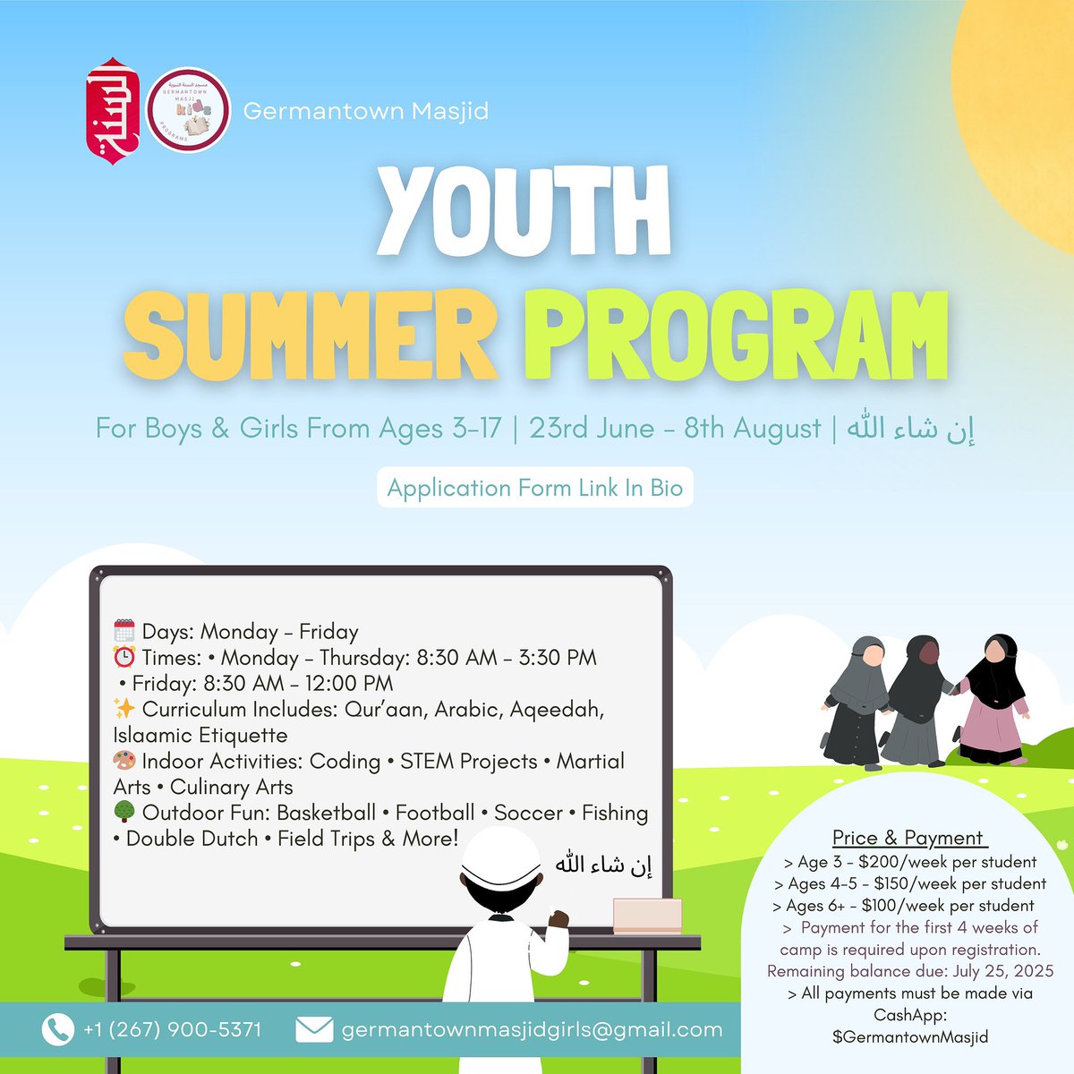 GT Masjid Academy (@gtma_info) on Twitter photo 📢 We have good news
In addition to Islamic Studies curriculum at <a href="/GtownMasjid/">Germantown Masjid</a> Summer Program, we will also include Reading, Math, and handwriting for all students ان شاء الله.
It’s not too late to enroll. Registration link is below
gforms.app/D29FIwh 📢 We have good news
In addition to Islamic Studies curriculum at <a href="/GtownMasjid/">Germantown Masjid</a> Summer Program, we will also include Reading, Math, and handwriting for all students ان شاء الله.
It’s not too late to enroll. Registration link is below
gforms.app/D29FIwh