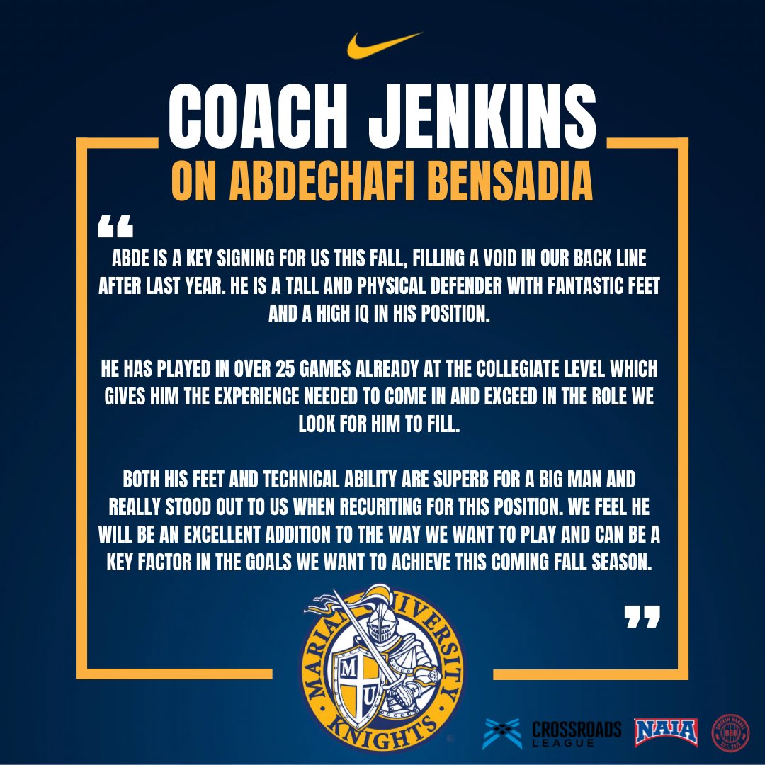 𝘼𝙗𝙙𝙚 𝙎𝙞𝙜𝙣𝙨 𝙬𝙞𝙩𝙝 𝙩𝙝𝙚 𝙆𝙣𝙞𝙜𝙝𝙩𝙨 ✍️

We are delighted to announce the signing of Abdechafi Bensadia. Abde transfers in from Triton College and is originally from Algeria.

#GoKnights ⚔️