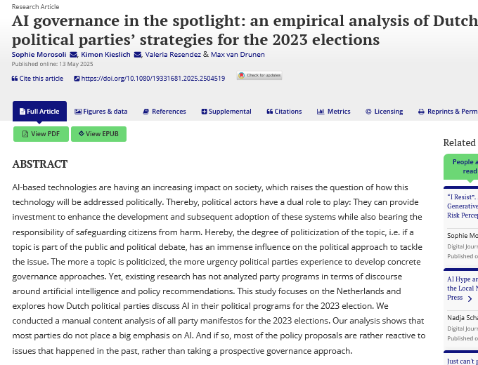 Journal of Information Technology & Politics (@jitp_apsa) on Twitter photo 🆕What role did AI have in the 2023 #Dutch elections? Through content analysis of party manifestos, the authors of this article find that AI was not a major factor in the election & that most AI policy proposals were reactive.
✍️<a href="/SophieMorosoli/">Sophie Morosoli</a>
📗tandfonline.com/doi/full/10.10… 🆕What role did AI have in the 2023 #Dutch elections? Through content analysis of party manifestos, the authors of this article find that AI was not a major factor in the election & that most AI policy proposals were reactive.
✍️<a href="/SophieMorosoli/">Sophie Morosoli</a>
📗tandfonline.com/doi/full/10.10…
