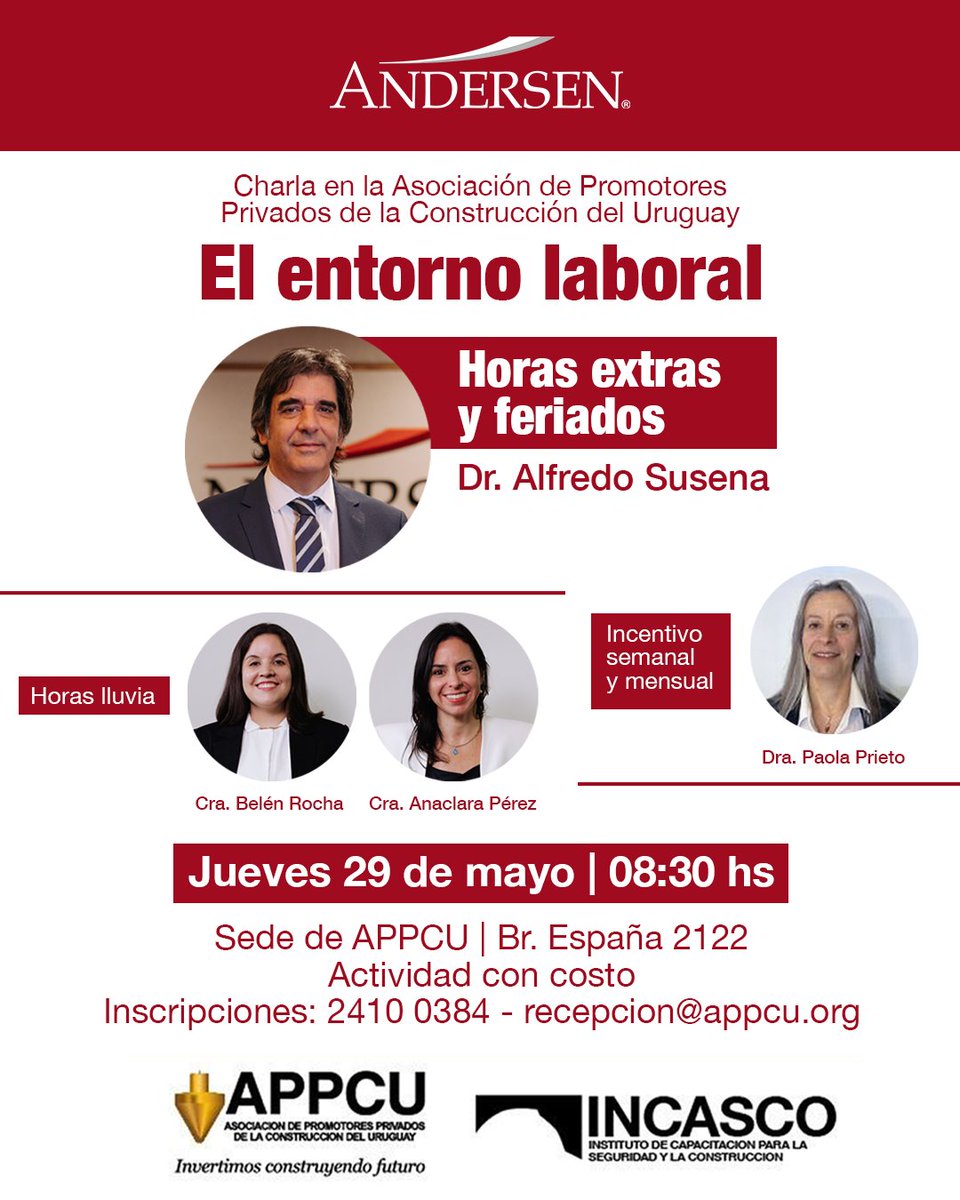 Andersen in Uruguay (@andersenuy) on Twitter photo Charla en APPCU "Aspectos laborales en el sector de la construcción"
Exponen: Dr. Alfredo Susena, Cras. Anaclara Perez y Belen Rocha, y Dra. Paola Prieto
Jueves 29 de mayo 8:30 hs.
Actividad con costo | Br. España 2122.
Inscripciones al 2410 0384 | recepcion@appcu.org Charla en APPCU "Aspectos laborales en el sector de la construcción"
Exponen: Dr. Alfredo Susena, Cras. Anaclara Perez y Belen Rocha, y Dra. Paola Prieto
Jueves 29 de mayo 8:30 hs.
Actividad con costo | Br. España 2122.
Inscripciones al 2410 0384 | recepcion@appcu.org