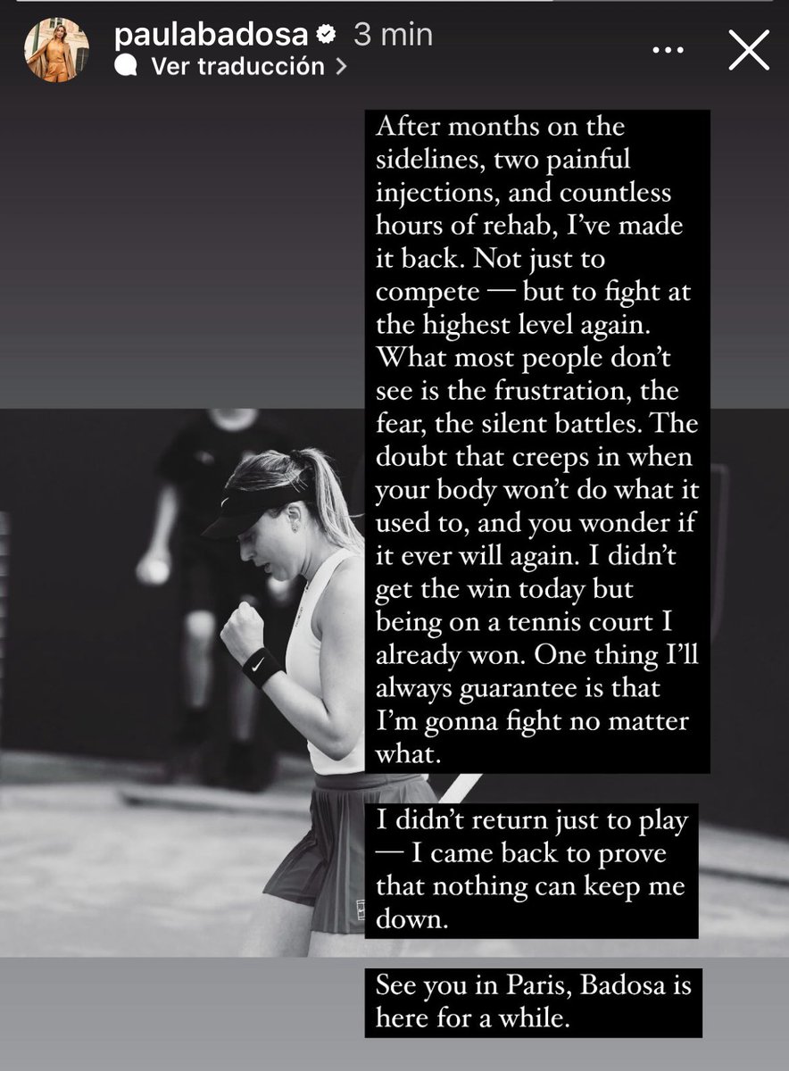 Pelos de punta con este post de <a href="/paulabadosa/">Paula Badosa</a>.

“Después de meses al margen, dos inyecciones dolorosas e incontables horas de rehabilitación, he regresado. No solo para competir, sino para luchar al más alto nivel de nuevo. Lo que la mayoría de la gente no ve es la frustración, el