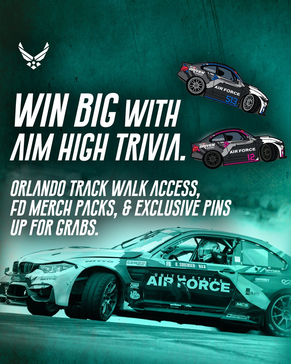Formula DRIFT (@formuladrift) on Twitter photo VIP FD Experiences & Merch are waiting. Play Aim High Trivia NOW to test your Air Force knowledge and win big prizes, including FD Orlando Track Walk Passes. 👀
Play to Enter: dub.sh/AimHighTrivia
Presented by <a href="/USAFRecruiting/">Air Force Recruiting</a>
#FormulaD #FormulaDRIFT VIP FD Experiences & Merch are waiting. Play Aim High Trivia NOW to test your Air Force knowledge and win big prizes, including FD Orlando Track Walk Passes. 👀
Play to Enter: dub.sh/AimHighTrivia
Presented by <a href="/USAFRecruiting/">Air Force Recruiting</a>
#FormulaD #FormulaDRIFT