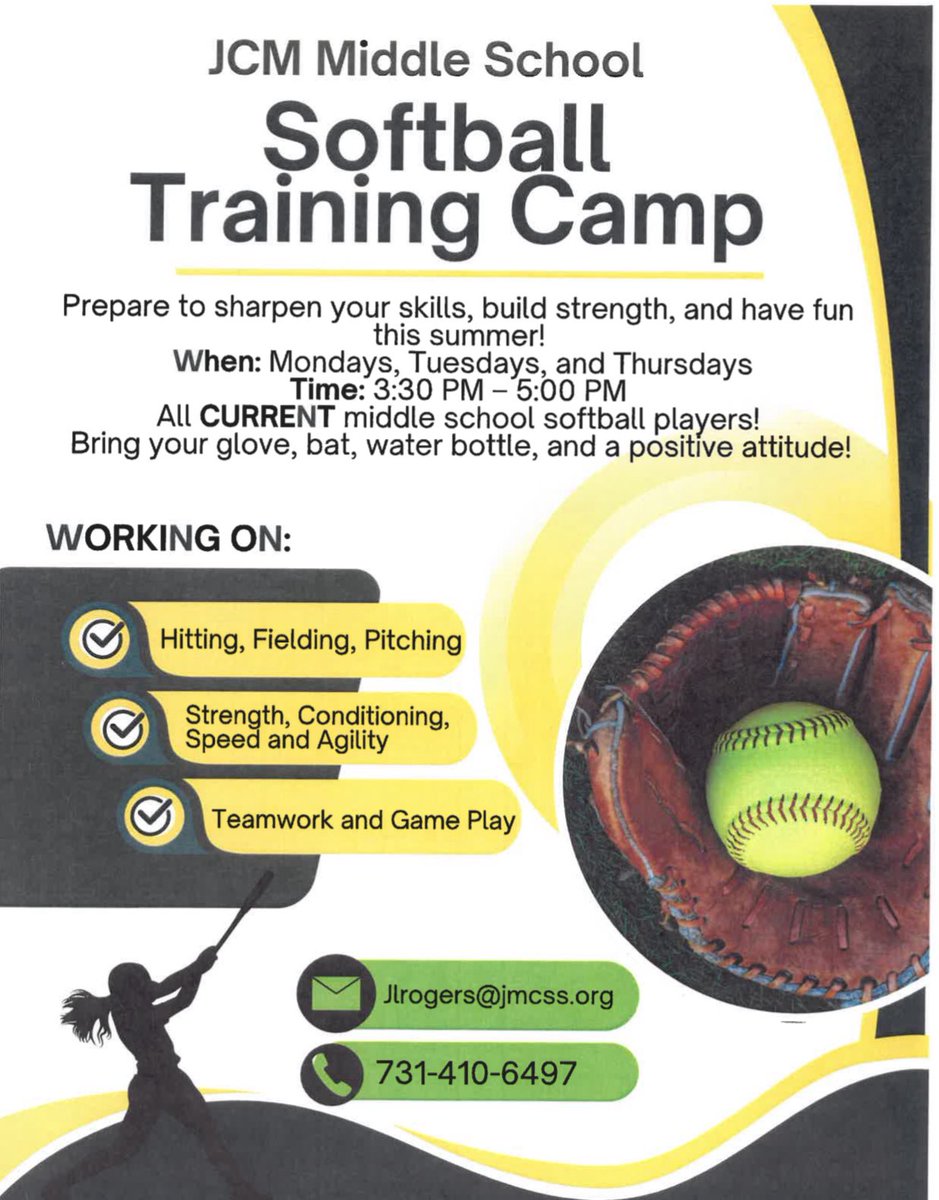 Attention all Interested JCMMS Softball players 🥎 make plans to participate in the Softball Training Camp!! See flyer for details!! #jcmmsSoftball #LetsGoCougars #cougarpride