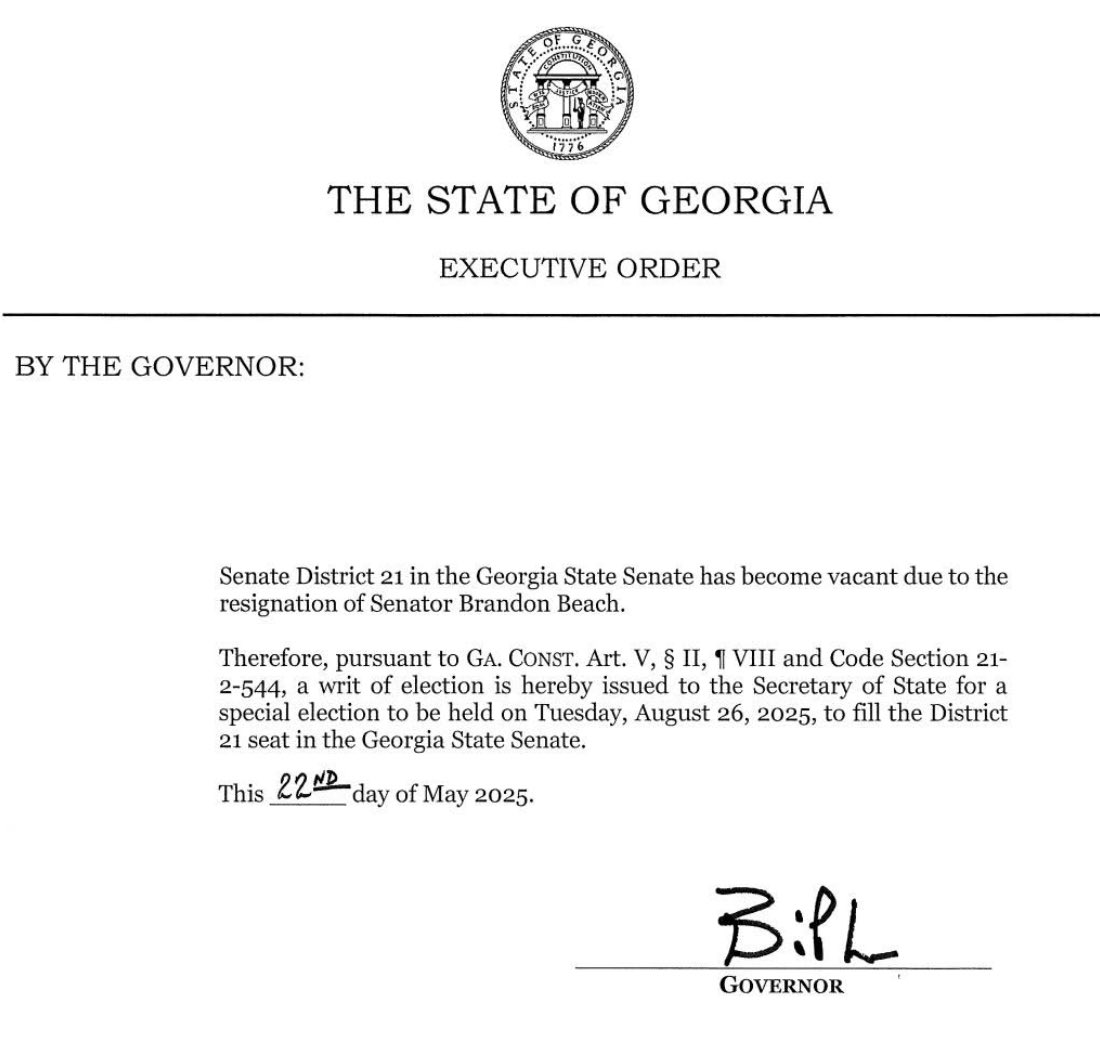 Gabriel Sterling (@gabrielsterling) on Twitter photo The special election to replace Brandon Beach in State Senate 21 covering parts of Cherokee and Fulton has been called by <a href="/GovKemp/">Governor Brian P. Kemp</a> for August 26. It is a jungle election…no special primary. The special election to replace Brandon Beach in State Senate 21 covering parts of Cherokee and Fulton has been called by <a href="/GovKemp/">Governor Brian P. Kemp</a> for August 26. It is a jungle election…no special primary.