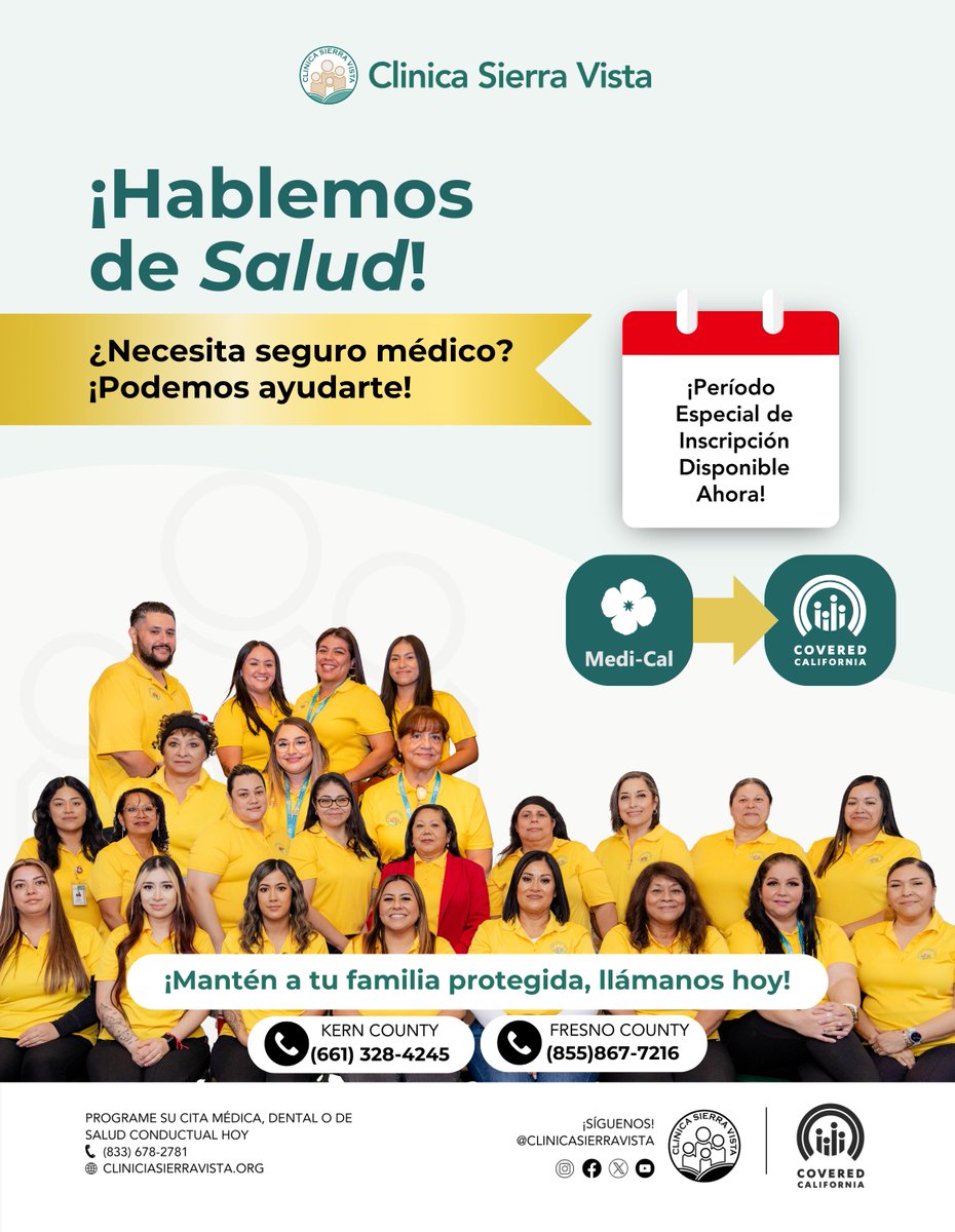 Clinica Sierra Vista (@clinica_1971) on Twitter photo You can still sign up for health insurance depending on your situation. The Special Enrollment Period is happening now!
⏰ Feb. 1 - Oct. 31
Call our enrollment specialists for more information:
📲 KERN (661) 328-4245
📲 FRESNO (855) 867-7216
#CoveredCA <a href="/CoveredCA/">Covered California</a> You can still sign up for health insurance depending on your situation. The Special Enrollment Period is happening now!
⏰ Feb. 1 - Oct. 31
Call our enrollment specialists for more information:
📲 KERN (661) 328-4245
📲 FRESNO (855) 867-7216
#CoveredCA <a href="/CoveredCA/">Covered California</a>