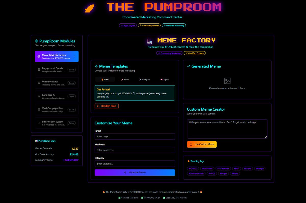 LordForklord's tweet image. Coming soon…
🧠 The $FORKED PUMPROOM — a degen marketing war machine.
🔥 Meme Factory
🎯 Engagement Quests
🐳 Whale Watcher
🤖 ForkedForce AI
Coordinate raids. Generate roasts. Build virality.
#GETFORKED or get left behind.
#FORKEDchat #CryptoMarketing #Web3 #DegenHype #PUMPROOM…