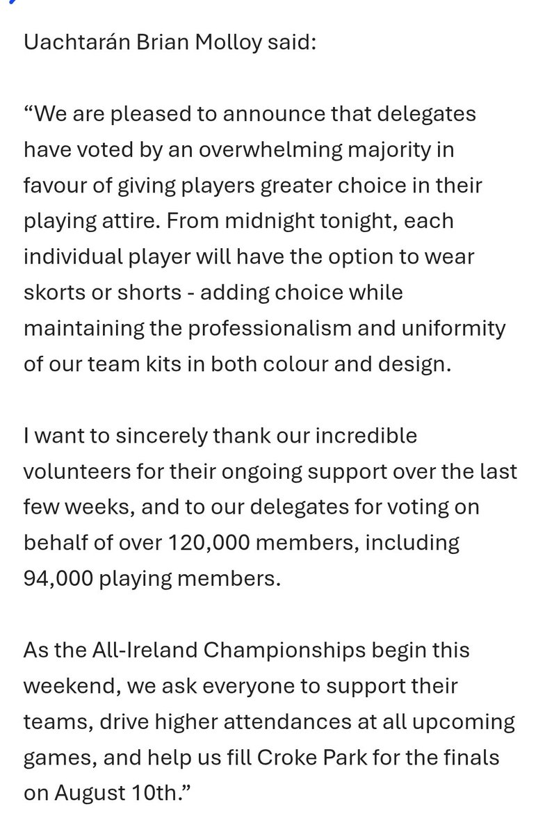 Skorts are no longer compulsory in camogie. Statement from the Camogie Uachtarán anseo. #skorts
