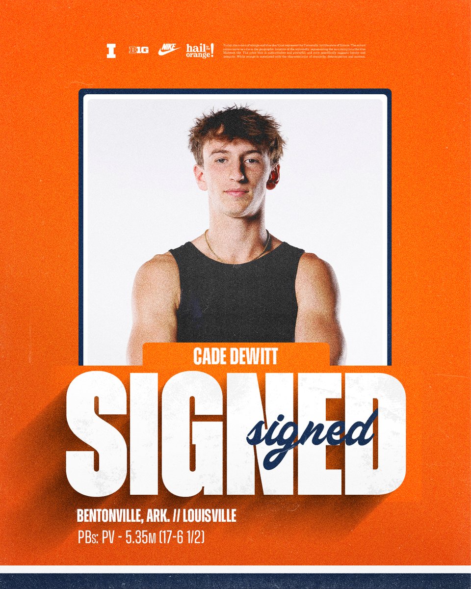 Illini track and field adds pole vaulter, <a href="/cadedewitt13/">Cade DeWitt</a>.

DeWitt earned Second-Team All-ACC honors at the 2024 ACC Indoor Championships where he placed second. 

Welcome to the famILLy, Cade!

#WhyNotILL