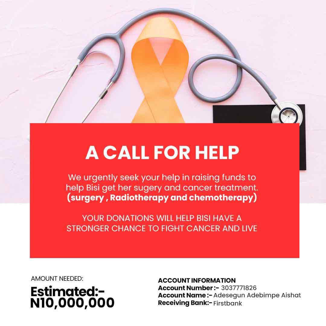 A young woman who is a friend’s sister has been diagnosed with bladder cancer. She is only 42years old and she has 5kids.

I really want to make an appeal to everyone. Please help save Adebisi. She needs about 10million to get treatment.

Any amount will help.
And if you have no