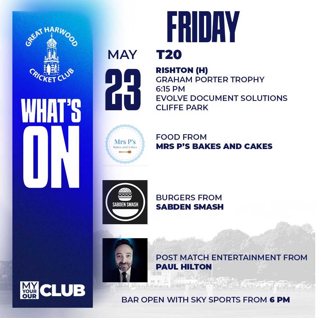 On Friday we take on Rishton at <a href="/EvolveDocS/">EvolveDS</a> Cliffe Park for the Graham Porter Trophy

Game starts 6.15, bar open from 6 and food available from Mrs Ps Bakes and Cakes

Entertainment post game from Paul Hilton

And <a href="/SabdenSmash/">sabden smash</a> will be attending serving burgers from their trailer