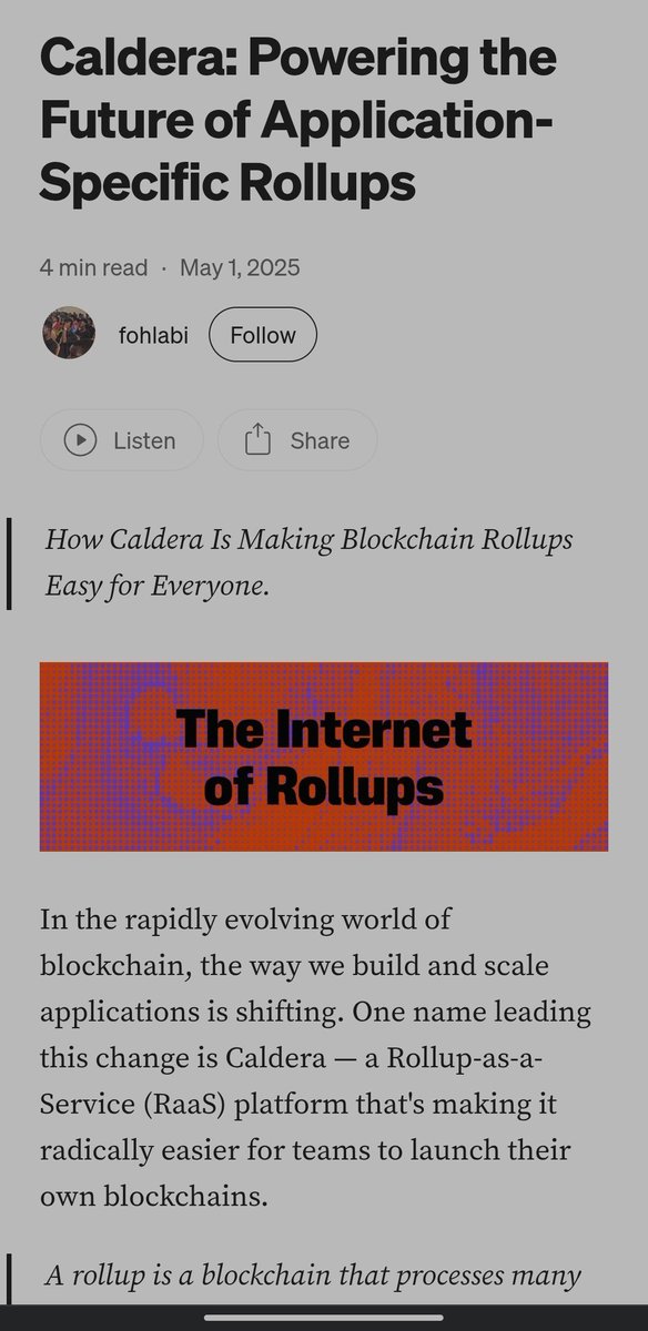 We're talking scaling, modularity, I thought about <a href="/Calderaxyz/">Caldera</a> 

Besides, <a href="/fohlabi/">Abimbola🥷</a> stumbled on your piece. Thanks for putting this out. 

<a href="/Calderaxyz/">Caldera</a> a Rollup-as-a-Service (RaaS) platform, has proven and shown its worth and strength . Powering Apechain and a list of others.