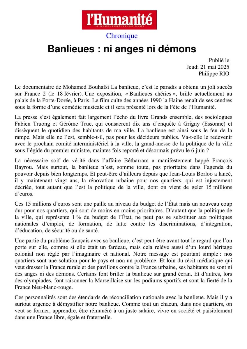 Une partie du problème français avec sa banlieue, c’est peut-être avant tout le regard que l’on porte sur elle. Nous ne sommes pourtant ni anges, ni démons! Comme tout à chacun, on veut se former, apprendre, vivre avec un salaire digne dans une France libre, égale et fraternelle!