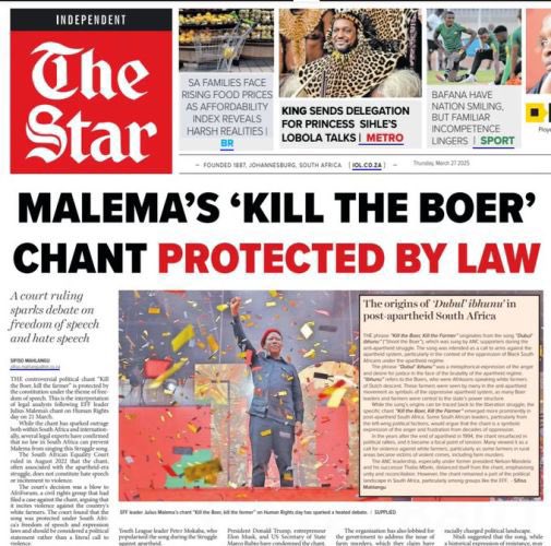 Trump said he would’ve locked up Julius Malema.

In South Africa, if you’re white and say a bad word, you’re jailed. But chant about murdering farmers/whites on stage in packed stadiums and it’s fine. Protected speech.