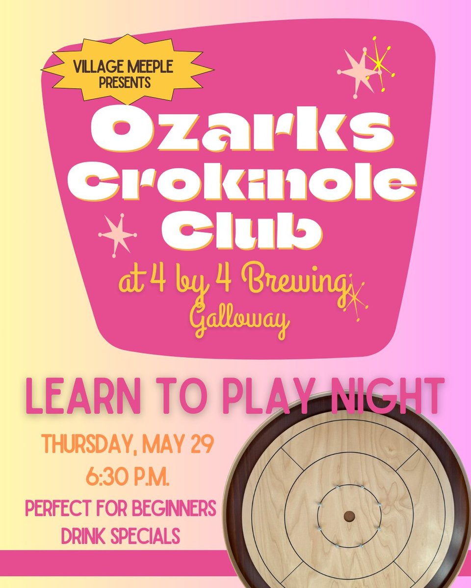 Join us with Village Meeple next week for a FREE Learn to Play night of Crokinole.

They will host two Learn to Play events before kicking off the Ozarks Crokinole Club League Wednesday, June 4.

What is Crokinole: woodenyouknow.com/whatiscrokinole