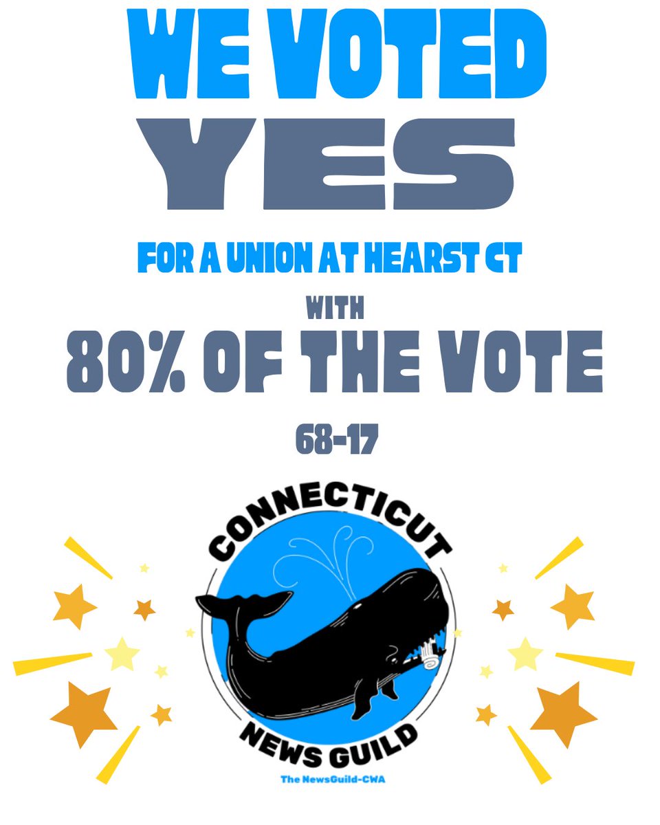 Connecticut News Guild (@ctnewsguild) on Twitter photo We recently held a union election at Hearst Connecticut Media, and we learned minutes ago that…
WE WON!!!
By an overwhelming vote of 68-17, our members voted to unionize as part of <a href="/newsguild/">The NewsGuild-CWA</a>.
It’s a great day for journalism in CT!
🐳🐳🐳 We recently held a union election at Hearst Connecticut Media, and we learned minutes ago that…
WE WON!!!
By an overwhelming vote of 68-17, our members voted to unionize as part of <a href="/newsguild/">The NewsGuild-CWA</a>.
It’s a great day for journalism in CT!
🐳🐳🐳