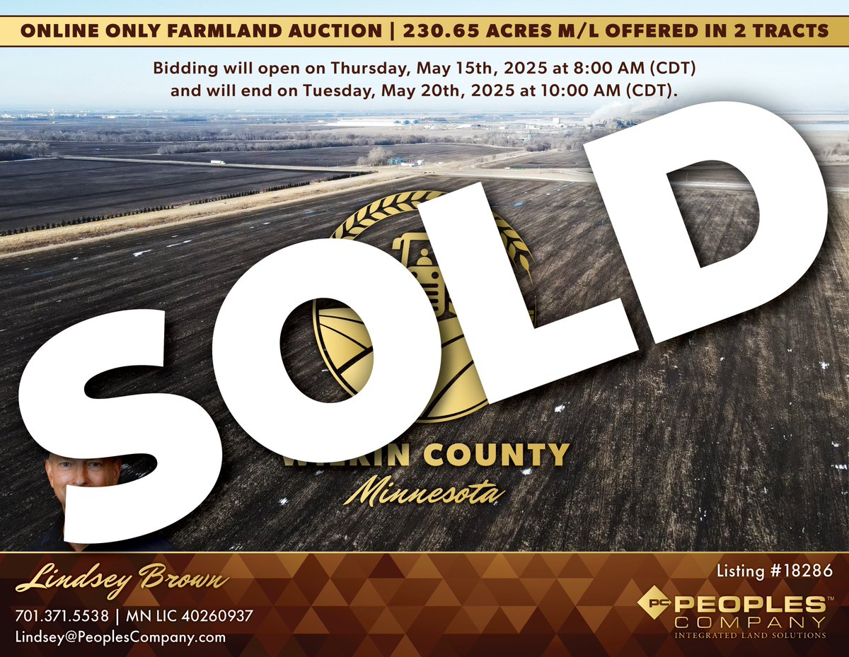 Peoples Company (@peoplescompany) on Twitter photo WILKIN COUNTY, MINNESOTA AUCTION RESULTS!
Tract 1 - 80 deeded acres sold for $10,000/acre.
Tract 2 – 150.65 deeded acres sold for $9750/acre.
Bringing a grand total price of $2,268,837.50.
Sold by #PeoplesCompany licensee <a href="/LABrown05/">Lindsey Brown</a>
Listing 18286 | bit.ly/4izB8KS WILKIN COUNTY, MINNESOTA AUCTION RESULTS!
Tract 1 - 80 deeded acres sold for $10,000/acre.
Tract 2 – 150.65 deeded acres sold for $9750/acre.
Bringing a grand total price of $2,268,837.50.
Sold by #PeoplesCompany licensee <a href="/LABrown05/">Lindsey Brown</a>
Listing 18286 | bit.ly/4izB8KS