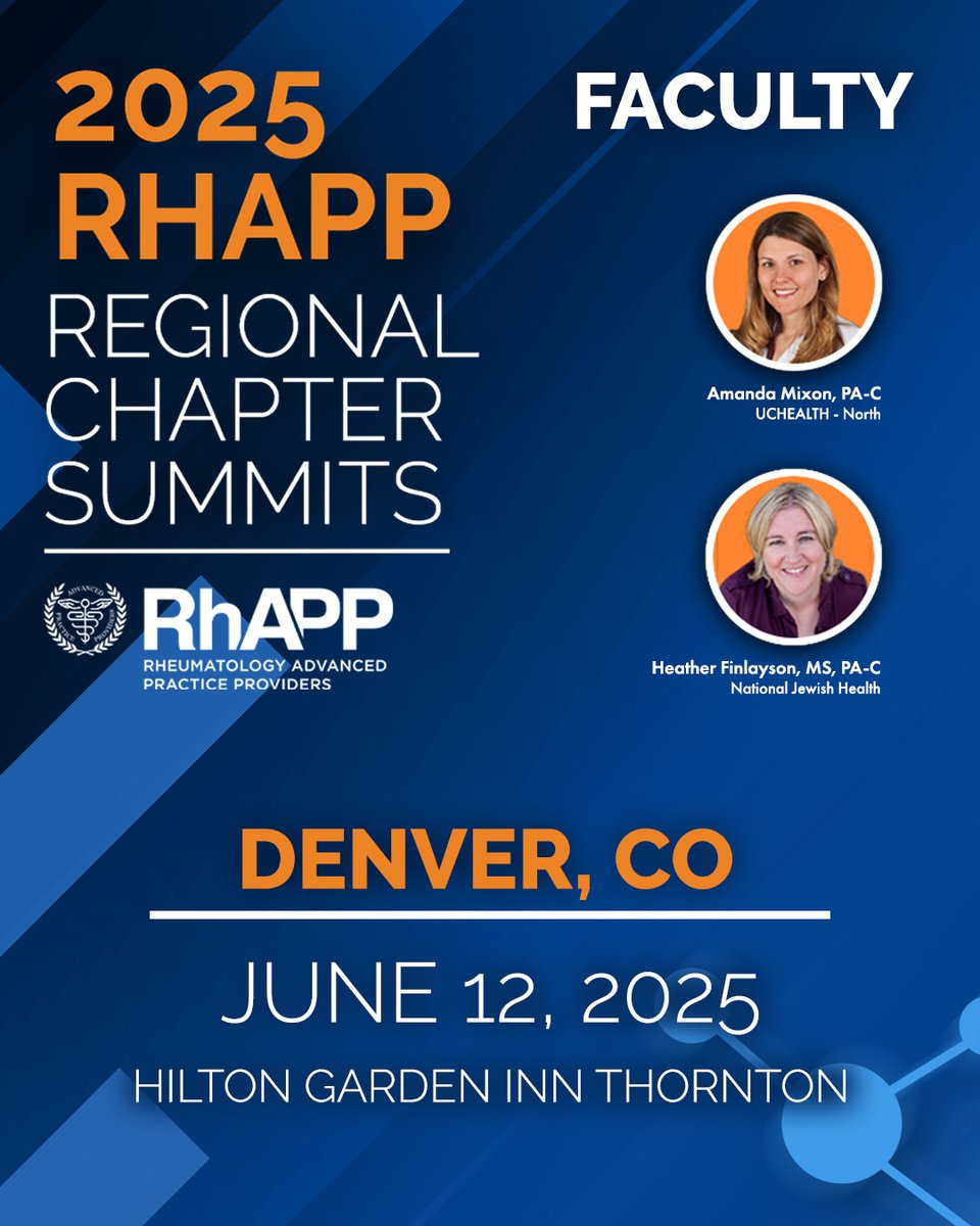 Denver, get ready! Join Amanda Mixon, PA-C and Heather Finlayson, PA-C for the RhAPP Regional Summit on June 12! An evening of rheum updates, connection, and practical insights for APPs.

✨ Register now at rhapp.org/event-details/… !