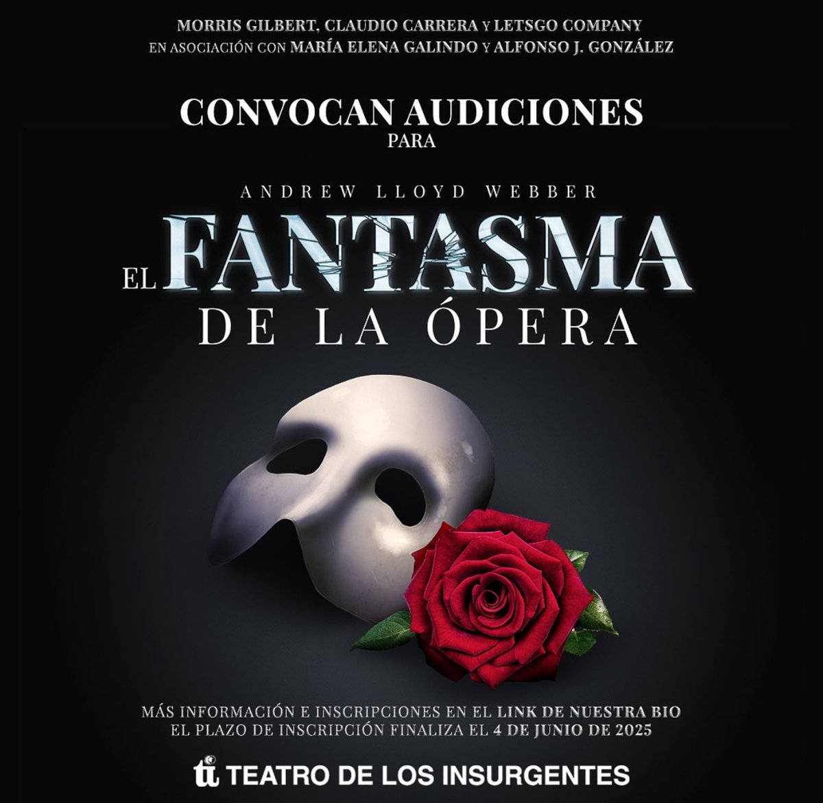 ¡Paren todo! Morris Gilbert, Claudio Carrera y LetsGo Company convocan audiciones para El Fantasma de la Ópera que llegará al Teatro de los Insurgentes.👻 🩶
