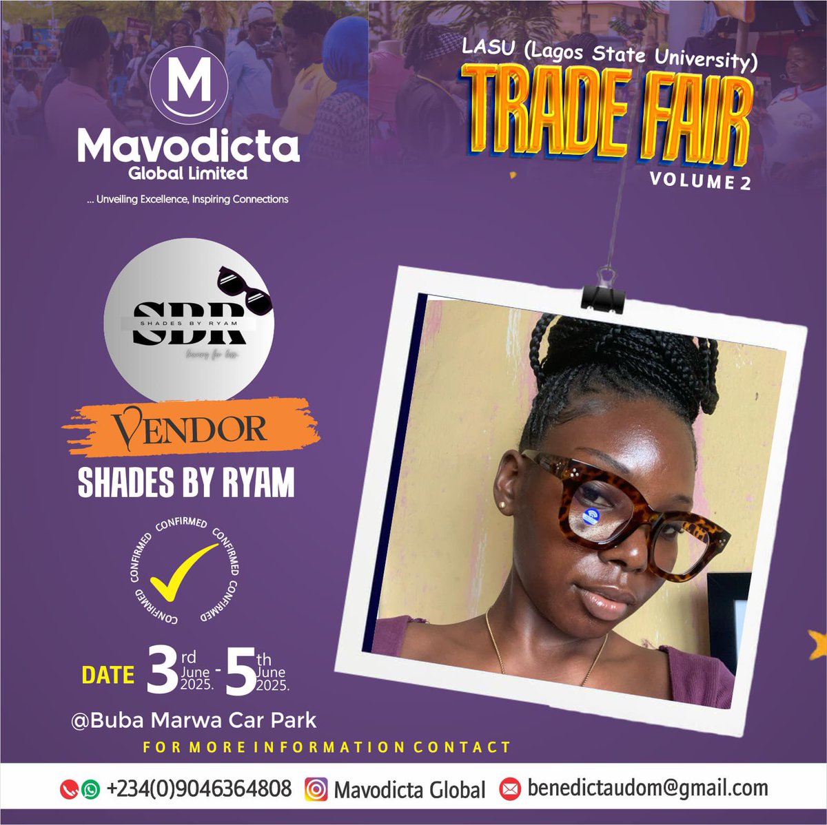 SHADES BY RYAM WILL BE LIVE at Mavodicta Tradefair happening at LASU from the 3rd -5th of June💃🏾☺️🔥
You need glasses for your outfit on Eid ? You need to test out glasses to be sure it fits ? Come that day and find out !!💃🏾
Please repost till it gets to Lasuites TL🥹🤲🏾