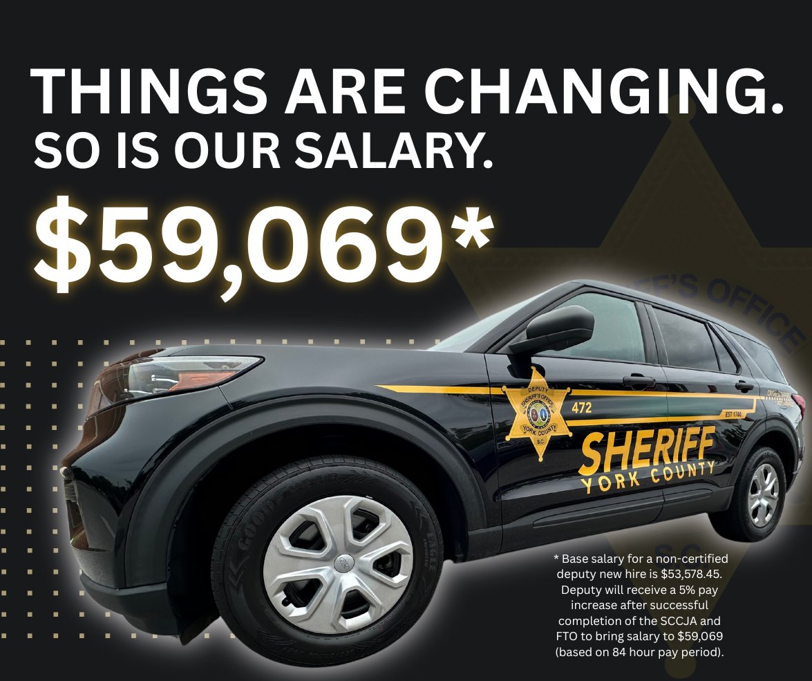 The York County Sheriff's Office is excited to announce a new starting salary for non-certified enforcement deputies, offering a competitive $59,069 to kickstart a rewarding career in law enforcement. #YCSONews #Careers #WeAreHiring 
READ MORE: yorkcountysheriff.com/CivicAlerts.as…