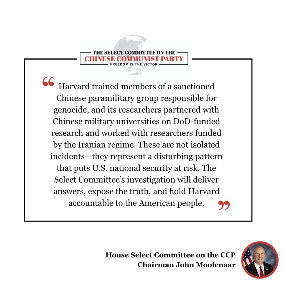 Select Committee on the Chinese Communist Party (@committeeonccp) on Twitter photo Harvard partnered with a Chinese military-linked university sanctioned by the U.S. government.
Chairman <a href="/RepMoolenaar/">Rep. John Moolenaar</a> want answers: Why is one of America’s top schools collaborating with a key player in the CCP’s defense tech strategy? Harvard partnered with a Chinese military-linked university sanctioned by the U.S. government.
Chairman <a href="/RepMoolenaar/">Rep. John Moolenaar</a> want answers: Why is one of America’s top schools collaborating with a key player in the CCP’s defense tech strategy?