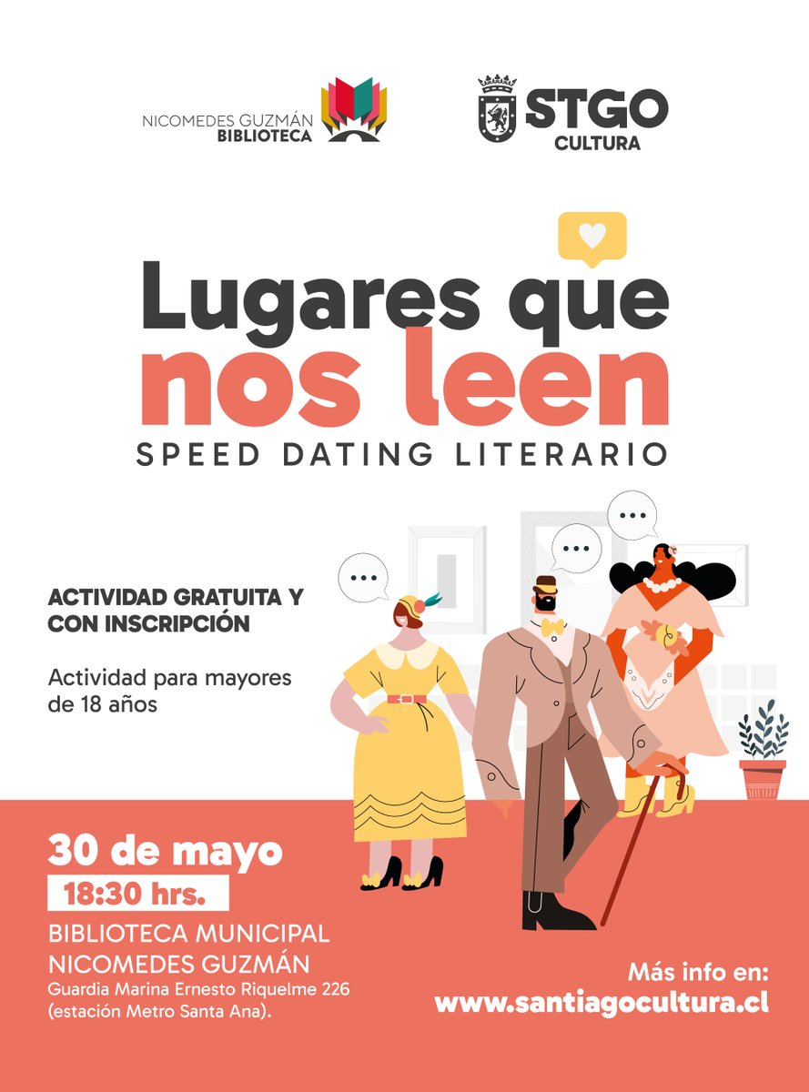 📚✨ ¡Ya viene el Speed Dating Literario: Lugares que nos leen!

🟠 Fecha: 30 de mayo.
🟢 Horario inicio: 18:30 horas.
🔵 Dirección: Biblioteca Nicomedes Guzmán, Guardia Marina Ernesto Riquelme 226 (Metro Santa Ana).
🟣 Cupos limitados, inscríbete en santiagocultura.cl/conozcamonos-a…