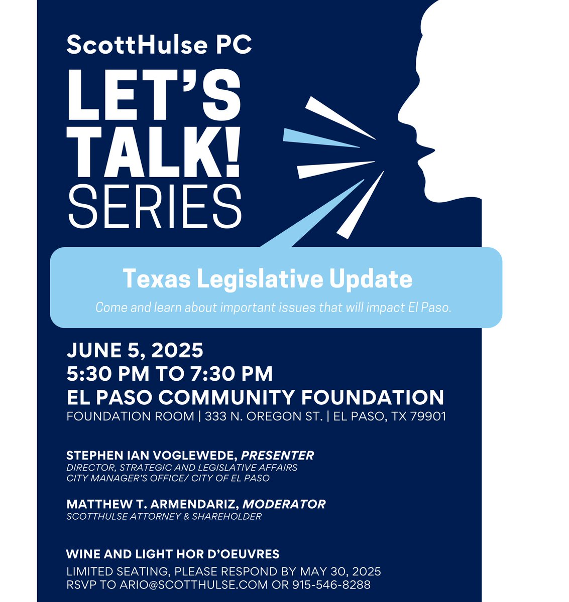 ScottHulse PC (@scotthulselaw) on Twitter photo ScottHulse is pleased to present the next session in its "Let's Talk Series"—a dynamic panel discussion on the latest Texas Legislative Update.
Please RSVP to ario@scotthulse.com. ScottHulse is pleased to present the next session in its "Let's Talk Series"—a dynamic panel discussion on the latest Texas Legislative Update.
Please RSVP to ario@scotthulse.com.