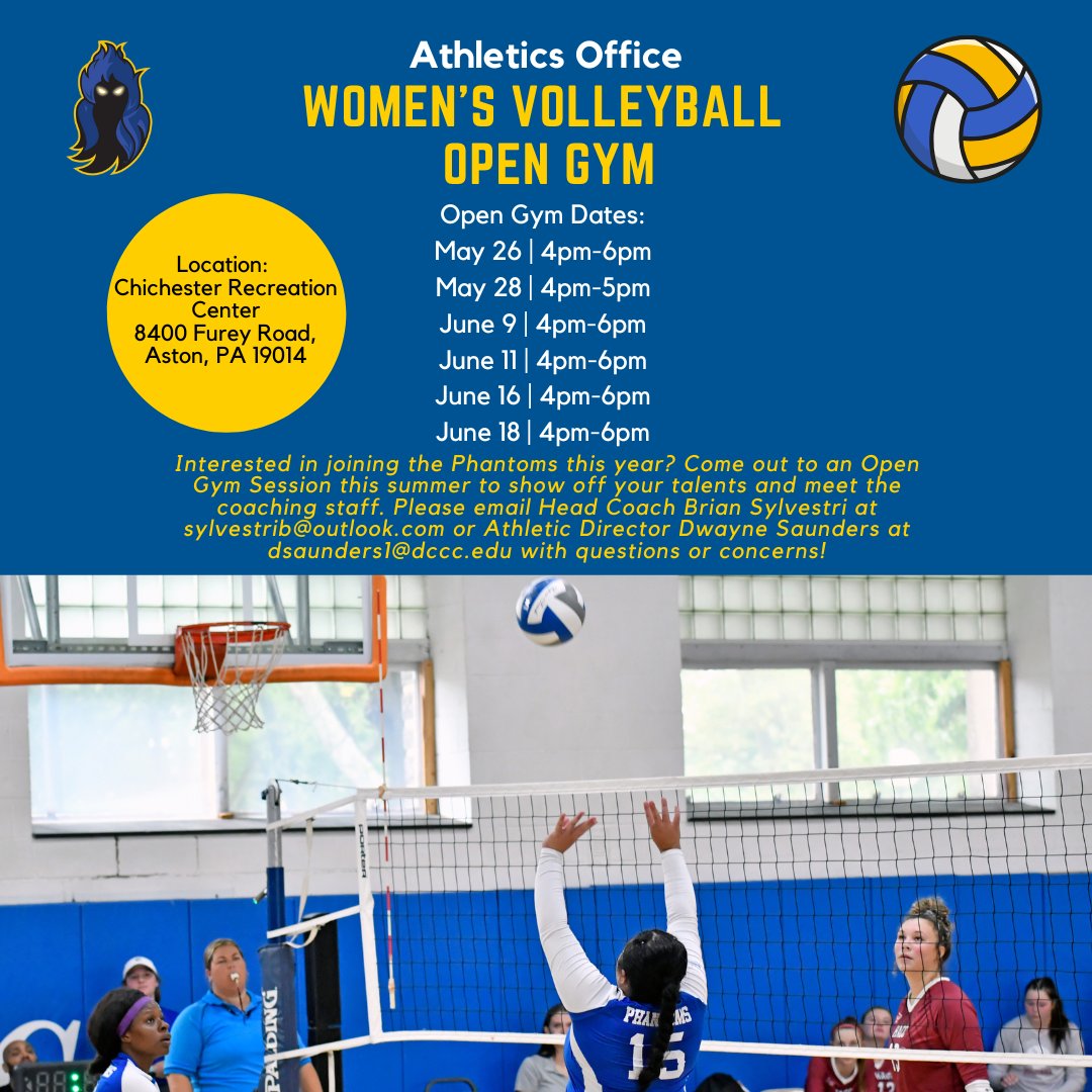 Phantoms, are you interested in playing Women’s Volleyball for the 2025 season? 🏐 Come to one of our Volleyball Open Gym sessions to show off your skills and meet the coaching staff. Reach out to the Head Coach or Athletic Director with questions! Go Phantoms!