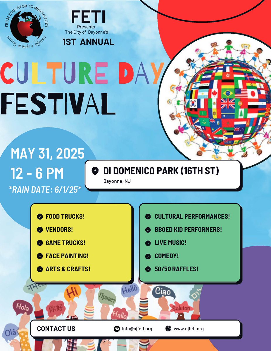 Mark your calendars! 🎉 Bayonne's 1st Annual FETI Culture Day Festival is coming!

🗓️ 5/31,12-6 PM (Rain date: 6/1)
📍 Di Domenico Park (16th St). 

🍔 Food Trucks / Vendors
🎨 Face Painting / Arts &amp; Crafts 
🎶 Live Music / Cultural Performances 
😂 Comedy &amp; 50/50 Raffles &amp; more!
